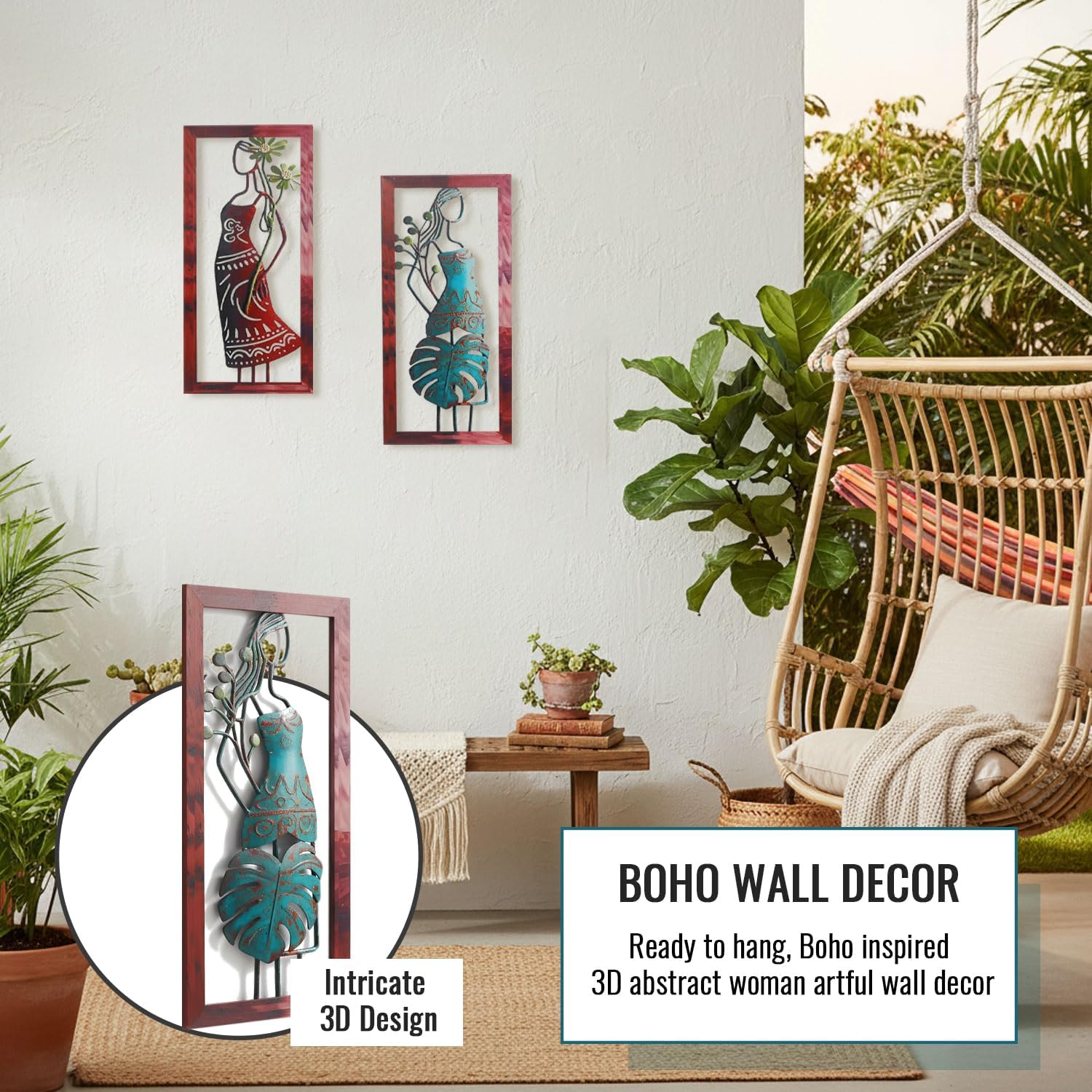 2 Pack Boho Metal Wall Art, 3D Abstract Woman Boho Wall Decor, Modern Minimalist Female Wall Decoration, Floral with Woman Abstract Wall Art, Bohemian Room Decor for living room, Bathroom, Housewarming Gift