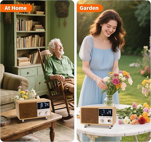 Miniatura 7 de Radio de reloj con altavoz Bluetooth retro con rejilla de tela y acabado de madera, radio FM vintage con alarma doble, pantalla LED regulable para