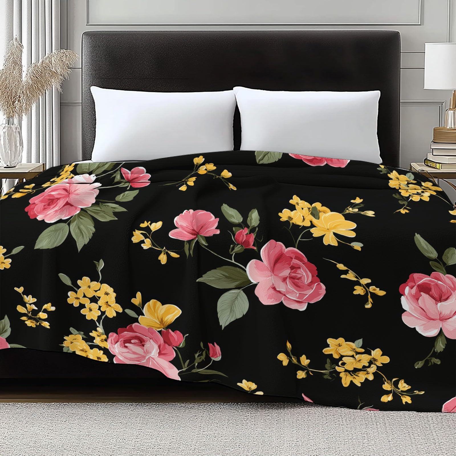 Manta pequeña con estampado floral negro, 180 x 200 cm, suave y acogedora, manta térmica de franela para niños y niñas, cama y sofá, manta mullida