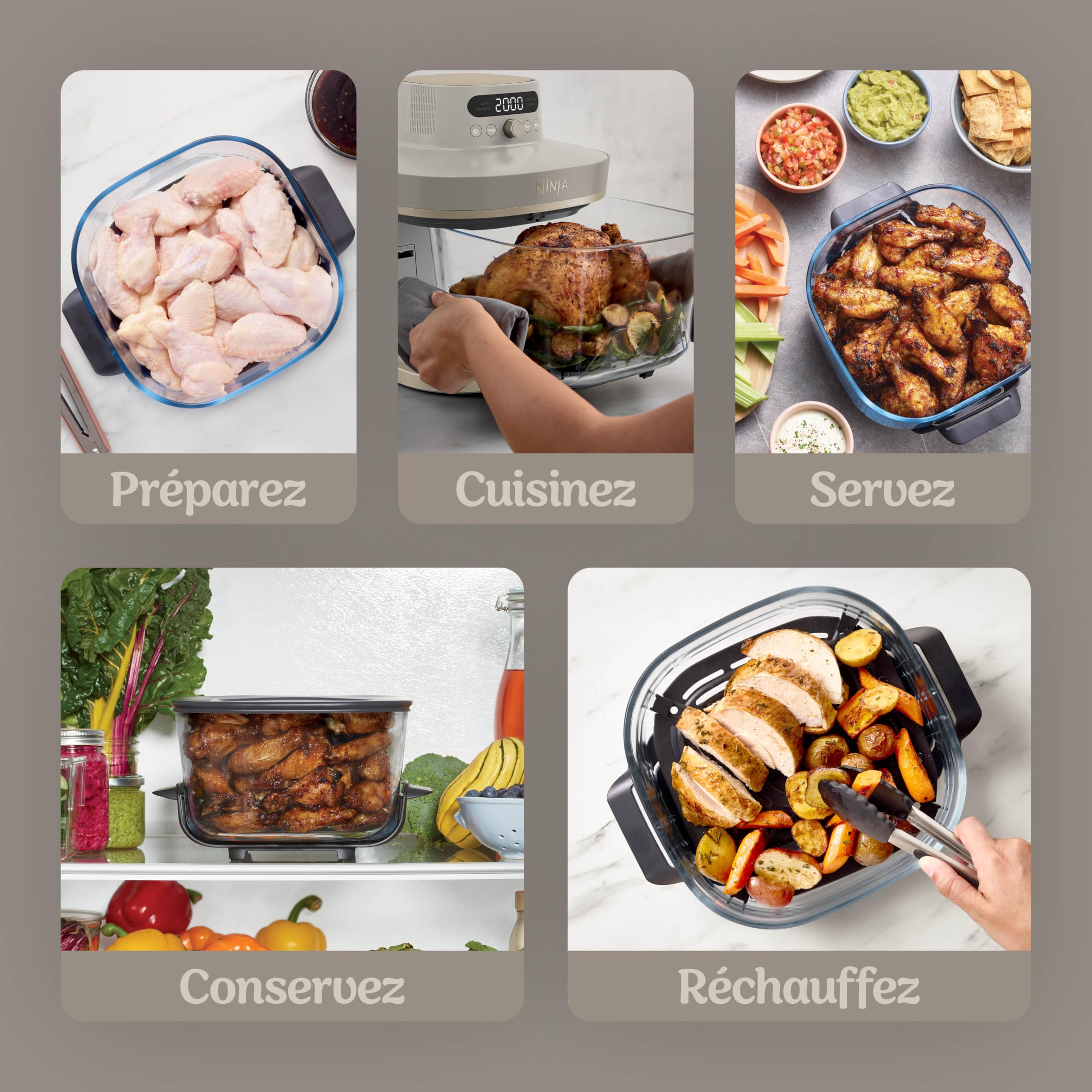 Ninja CRISPi PRO XL, Friteuse sans huile, bols 5,7l et 2,3l AS090EUSD | 5 modes de cuisson prédéfinis, avec contenants en verre CleanCrisp de 5,7 l et 2,3 l, couvercles de rangement, Stone/Or