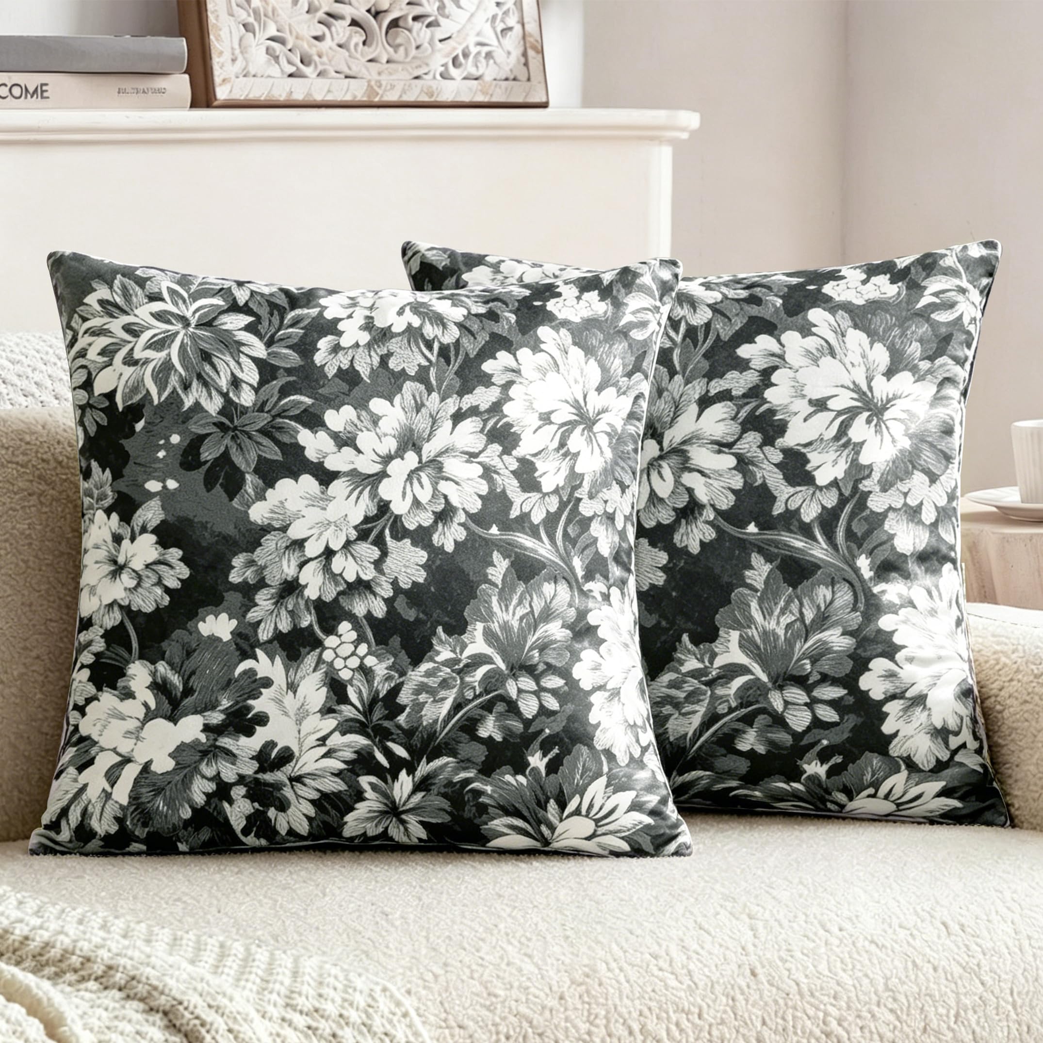 XPHZZL Cushion Covers 45x45 cm Set of 2, Vintage Floral Soft Short Plush Pillow Covers with Invisible Zipper, Retro Flower Decorative Covers for Sofa Bed Garden Living Room-Mist Grey