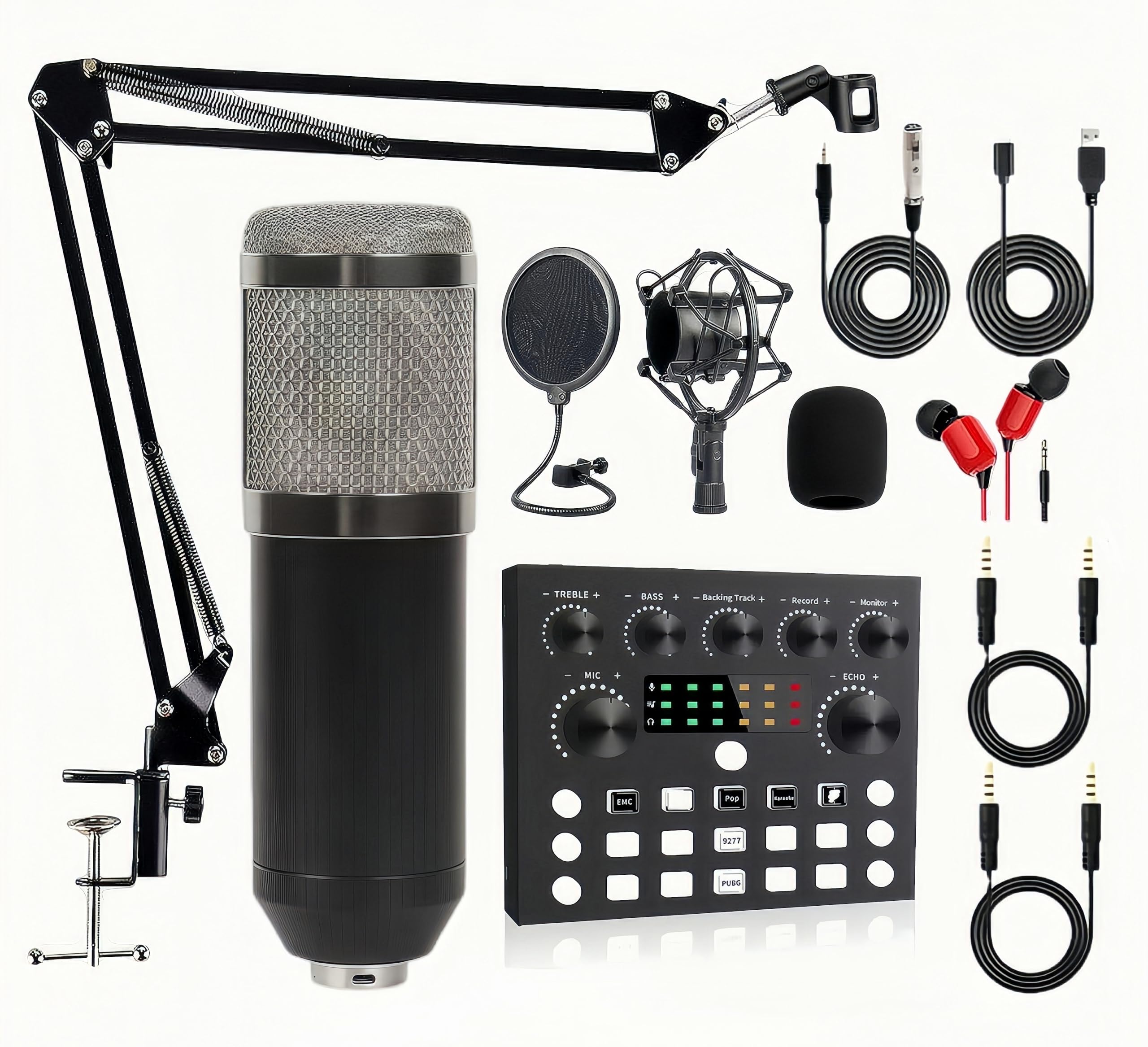 BM-800 Podcast Equipment Bundle, Voice Changer Microphone Kit with Stand, Professional Recording Studio Package for Live Streaming (Black)