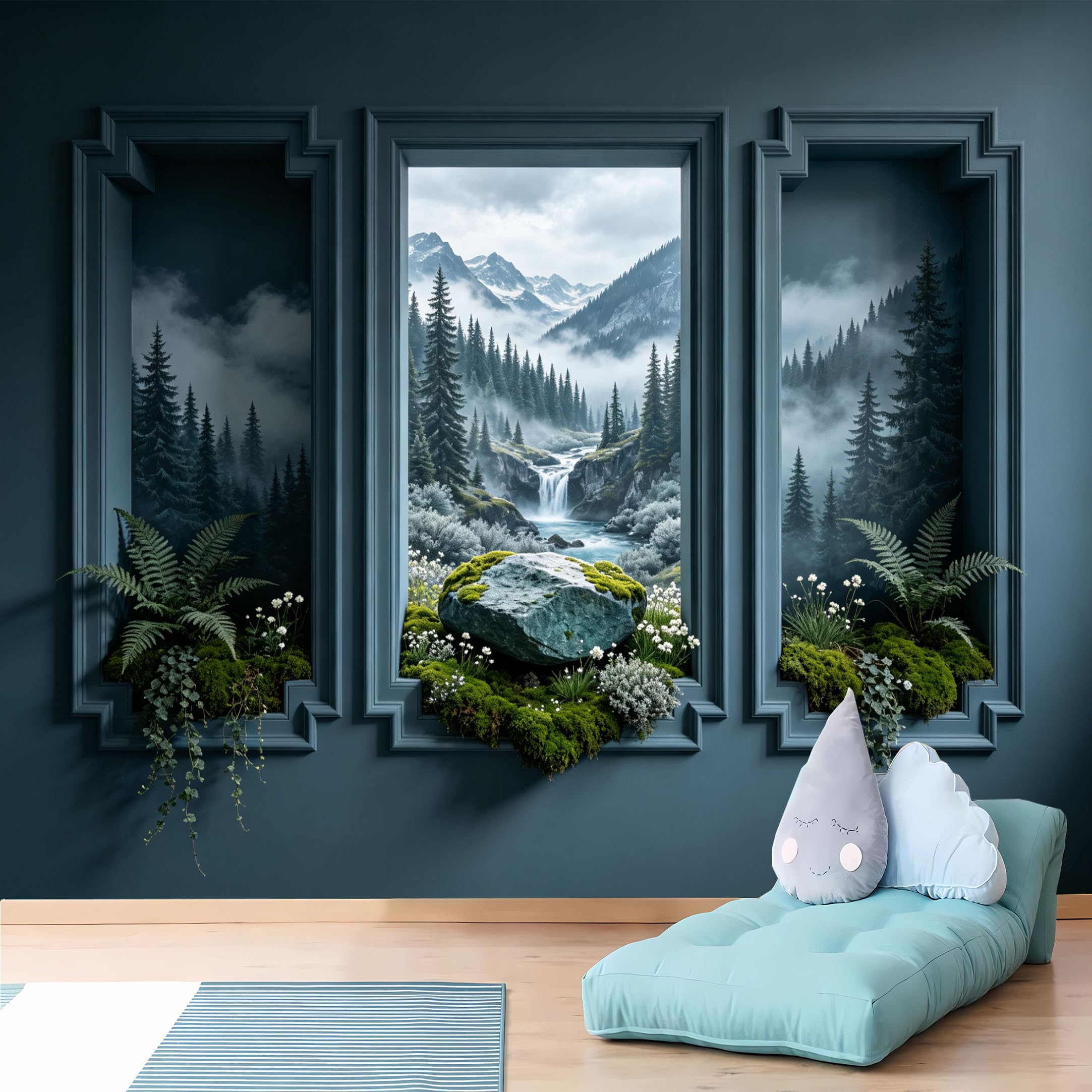 Custom Size Wall Murals,Misty Mountain Waterfall View from Dark Window Wall Murals,Realistic,Self-Adhesive Removable Wallpaper for Living Room