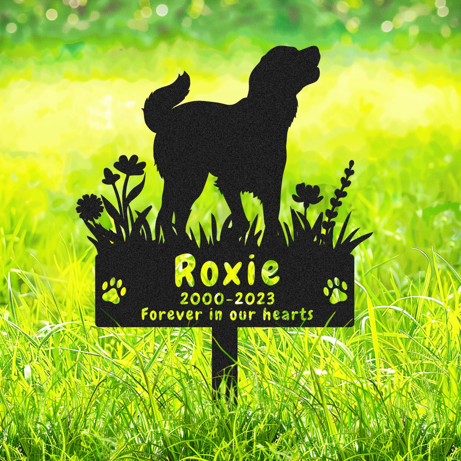 AdtHYUxq Personalised Metal Dog Memorial Garden Stake Golden Retriever Grave Marker, Custom Flowers Dog Memorial Grave Marker, Customized Pet Dog Memorial Grave Stake Remembrance Marker with Paws