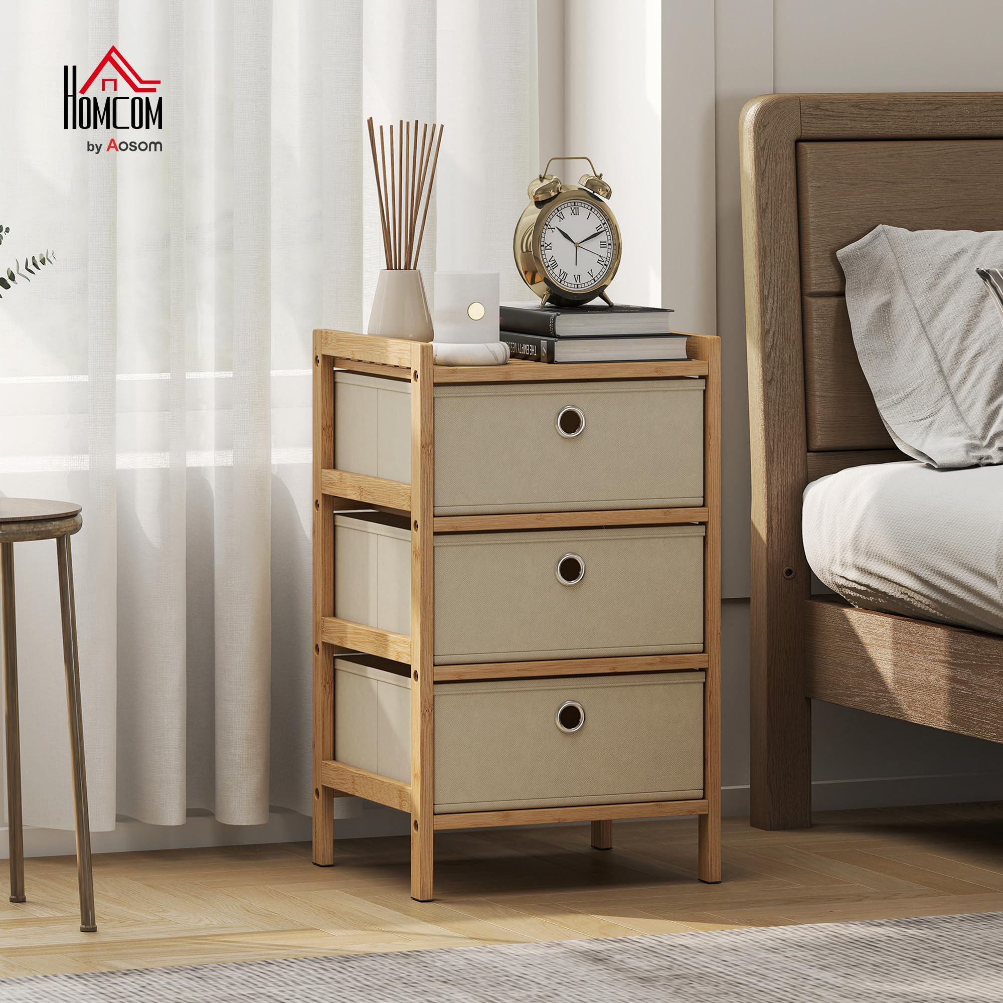 HOMCOM Cassettiera telaio bambù 3 cassetti tessuto bianco crema | Cassettiera, unità di stoccaggio stretta, per piccoli spazi, camera da letto, soggiorno, ingresso