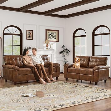 Faux Leather Sofa Couch and Loveseat Sets with Hidden Storage & Tufted Backrest, Mid Century Modern Couch, Deep Seat Comfy Chesterfield Sofa for Living Room, Office(Loveseat + 3 Seater Sofa, Brown)
