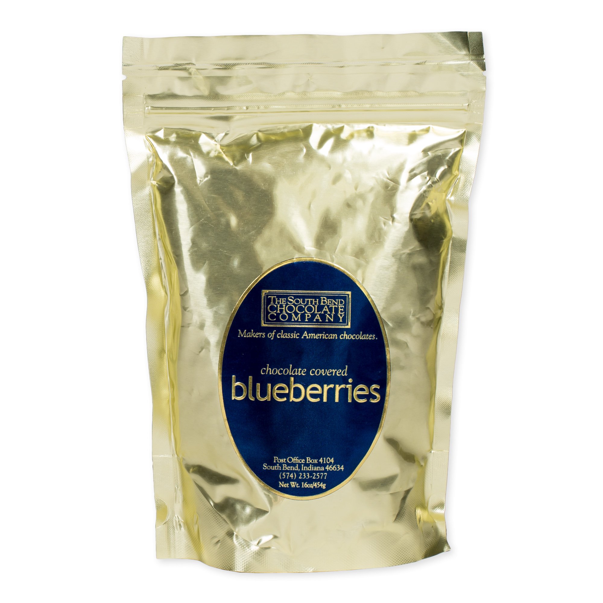 South Bend Chocolate Company Chocolate Covered Blueberries 16 Ounce Gold Resealable Bag
