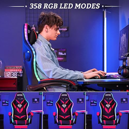 Miniatura 7 de Silla de juegos con altavoces y luces LED, silla ergonómica para computadora con masaje y reposapiés, silla de videojuegos reclinable para adultos