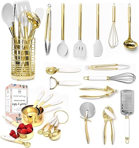 Juego de 23 utensilios de cocina blancos y dorados con tazas medidoras y cucharas - Accesorios de cocina de lujo con herramientas de medición y