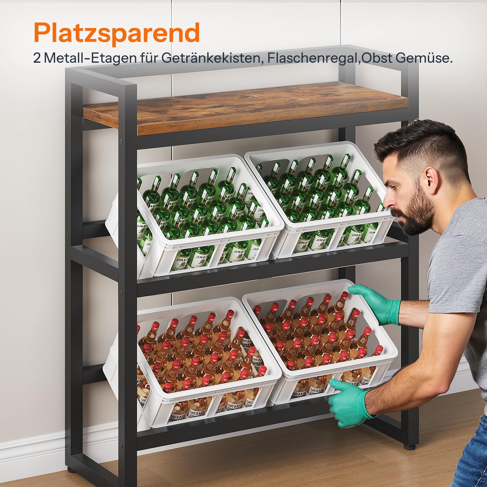HOOBRO Getränkekistenregal 3-stöckiges für 4 Kisten, Getränkeregal, Kistenregal, Tragkraft 50 kg/Etage, Metallgestell, für Küche, Garage, Laden, Vintagebraun und Schwarz EBF103CJ01