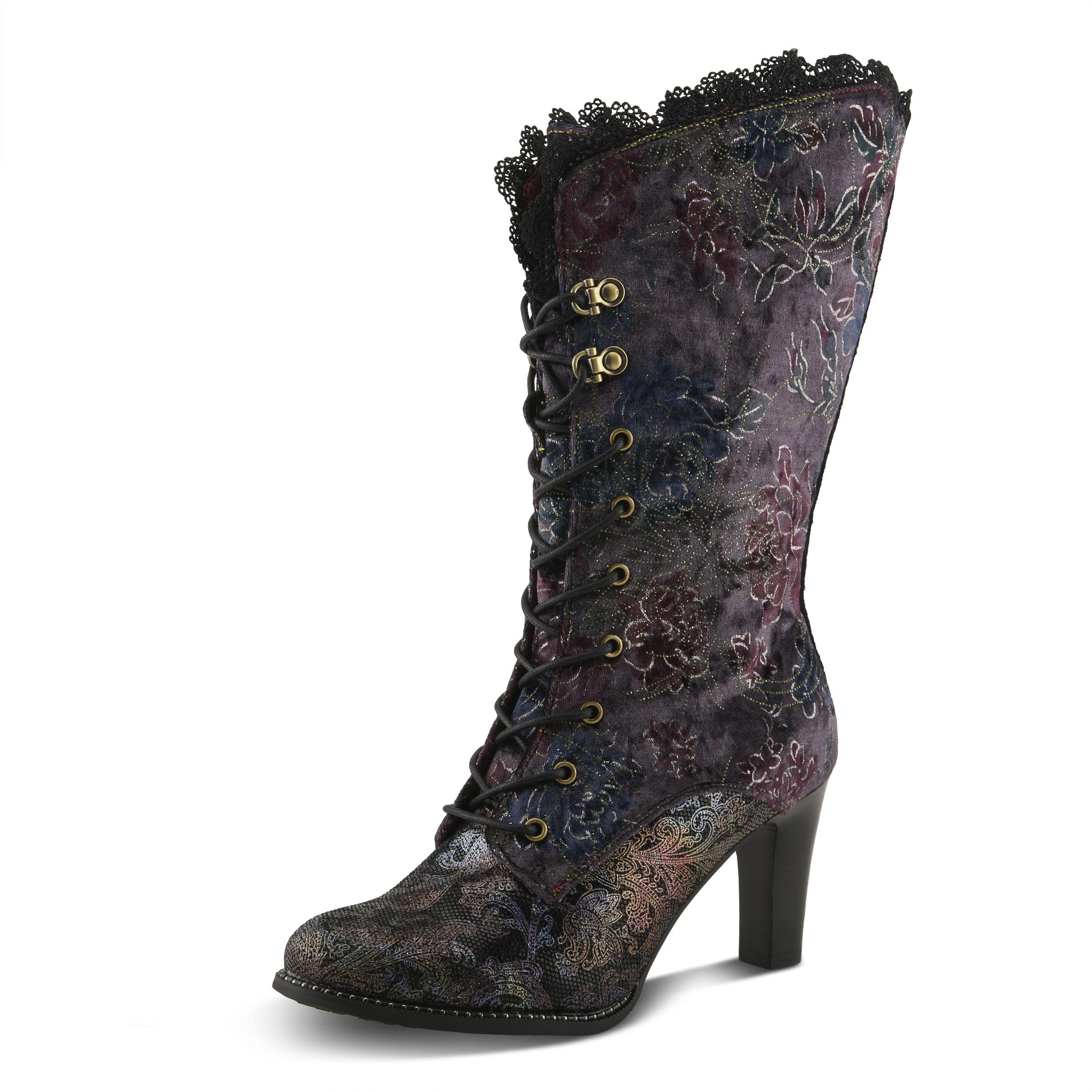 LArtiste FORUTALUV Womens Embroidered Suede Lace-Up Boot Baroque Velvet Mid-Shaft with Stacked Heel