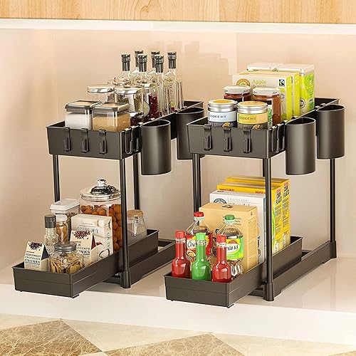 SBD - Paquete de 2 organizadores y almacenamiento para debajo del fregadero, organizador deslizante de 2 niveles para baño y cocina con organizador
