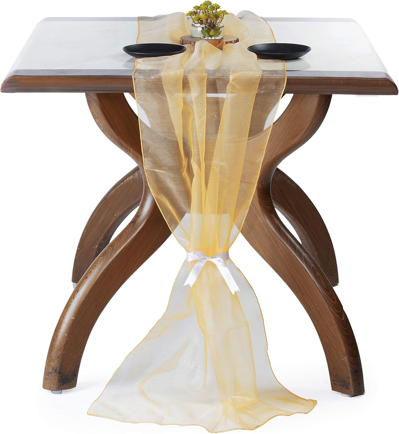 MDS Pack of 5 Wedding 27 x 120 inches Long Sheer Organza Table Runner for Wedding Banquets Decorations Birthday Parties, Engagements, Rustic Boho for 10Ft Table Runners - Gold