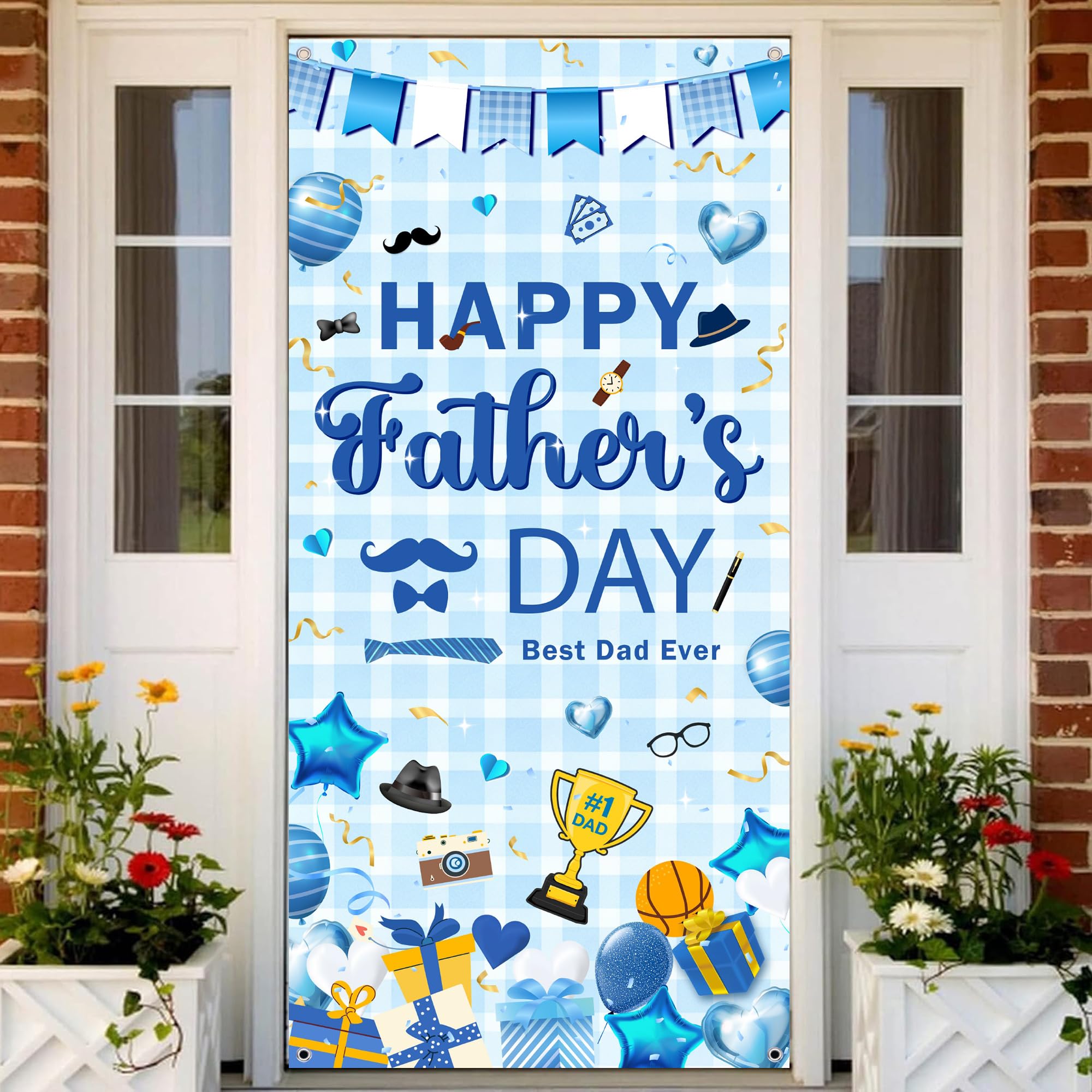 Happy Fathers Day Banner Decorations - Father’s Day Door Cover Banner, Best Dad Ever Fabric Backdrop for Indoor Outdoor Front Door Wall Party Decor (185x90cm)