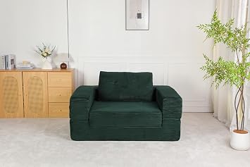 58" 3-in-1 Convertible Lazy Cloud Sofa, Lazy Lounge Chair Indoor with Memory Foam, Adult Bean Bag Chair with Corduroy for Living Room, Dark Green