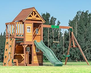 DOLPHIN PLAYGROUND T Swing Set for Backyard with Slide, 2 Swings, Trapeze Bar, Climbing Wall, Play house for Kids Outdoors with Kitchen Toys and Wooden Roof – Cedar Wood Outdoor Playset for Ages 3+