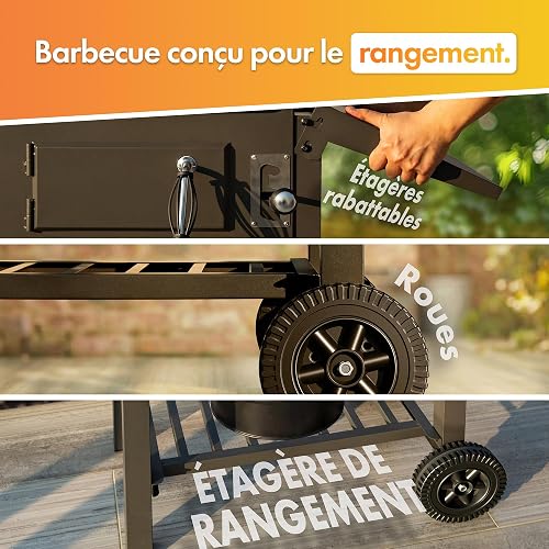 VonHaus Barbecue au Charbon – Barbecue avec Grille Chauffante, Hauteur Réglable, Thermomètre – Portable, Bac à Cendres, Étagère, 2 Tables Latérales Pliables, Roues – Viande, Poisson & Légumes - 7