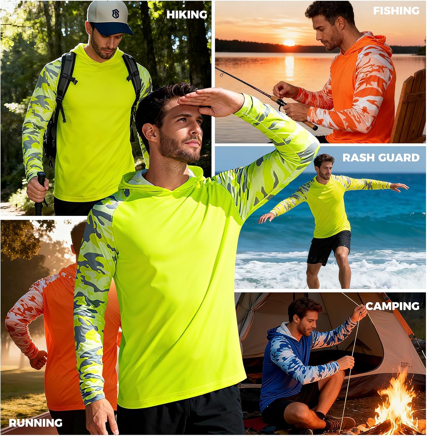 Men's Fishing Shirt with Hood,UPF 50+ Sun Protection Hoodie Camo Long Sleeve Shirts High Visibility Safety T Shirt - Image 7