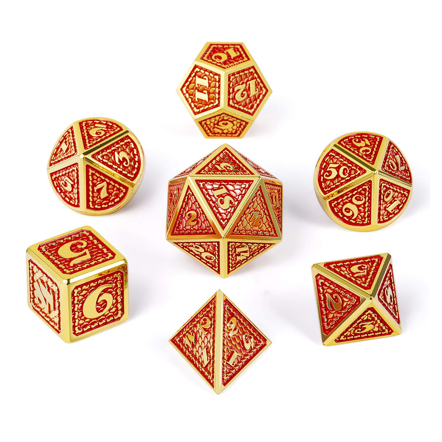 DNDND - Juego de 7 dados de metal para juegos de dragón rojo con bolsa de terciopelo para juegos de D&D Dungeons y Dragon (rojo con borde dorado)