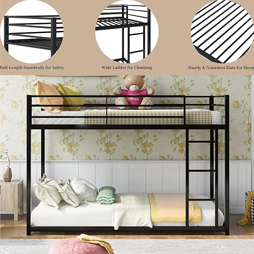 Miniatura 3 de ZJIAH Litera de metal individual sobre individual, base de cama baja con escalera y barandilla para adolescentes y adultos, marco de cama de metal