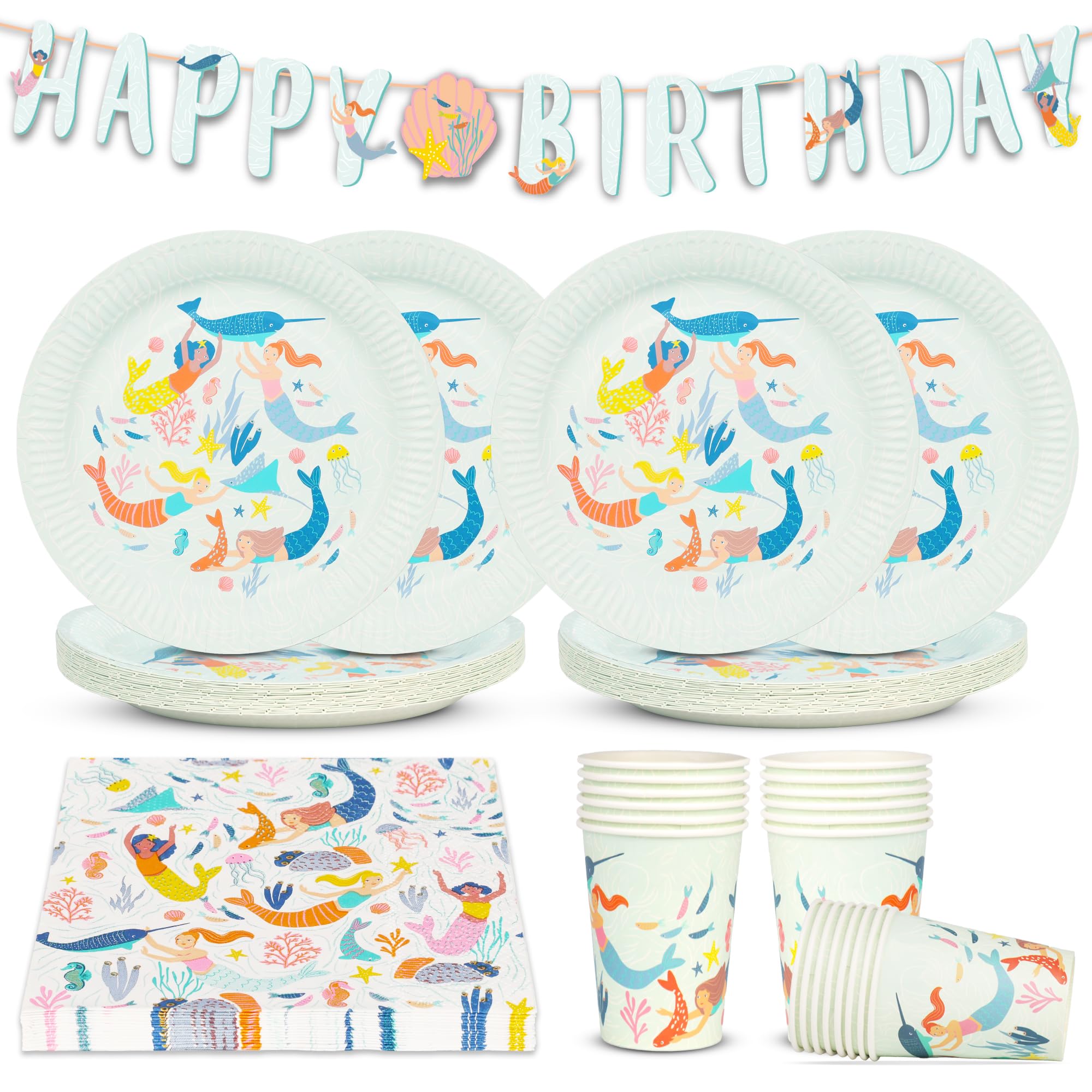 Talking Tables Mermaid Party Decorations & Tableware Bundle, 50pcs - Plates, Cups, Napkins, Reusable Bunting, Table Cover for Under the Sea Birthday