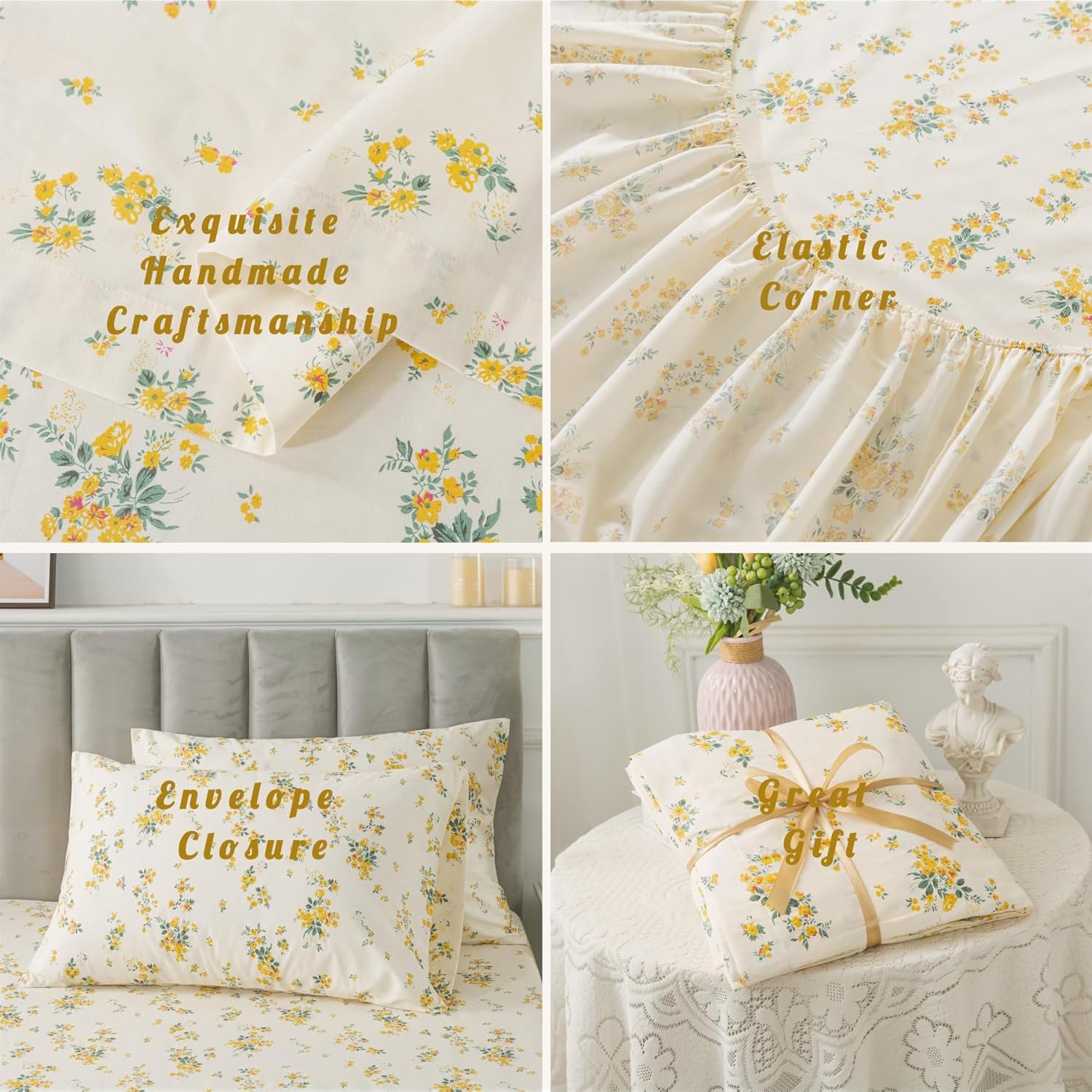 Cal King Sheet Set,100% Cotton Percale Floral Sheets Cal King Size Set,4 Pieces Crisp & Cool Bed Set with Deep Pocket,Lightweight & Breathable Room Decor