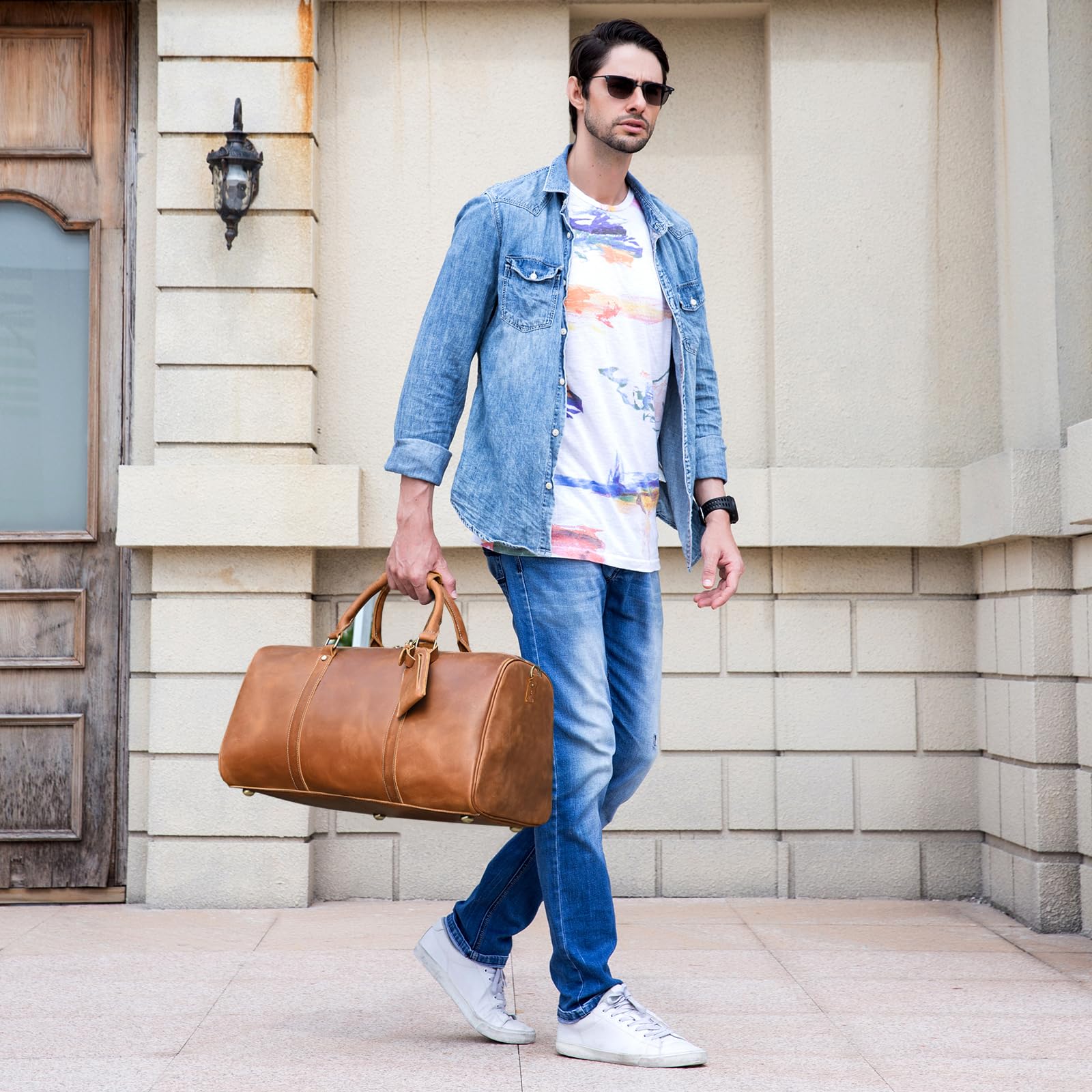 Grande Borsa da Viaggio in Pelle con Scomparto Scarpe Borsone Sportiva Tracolla Rimovbile Regolabile Manico Rinforzato per Viaggio Lavoro Palestra, marrone chiaro