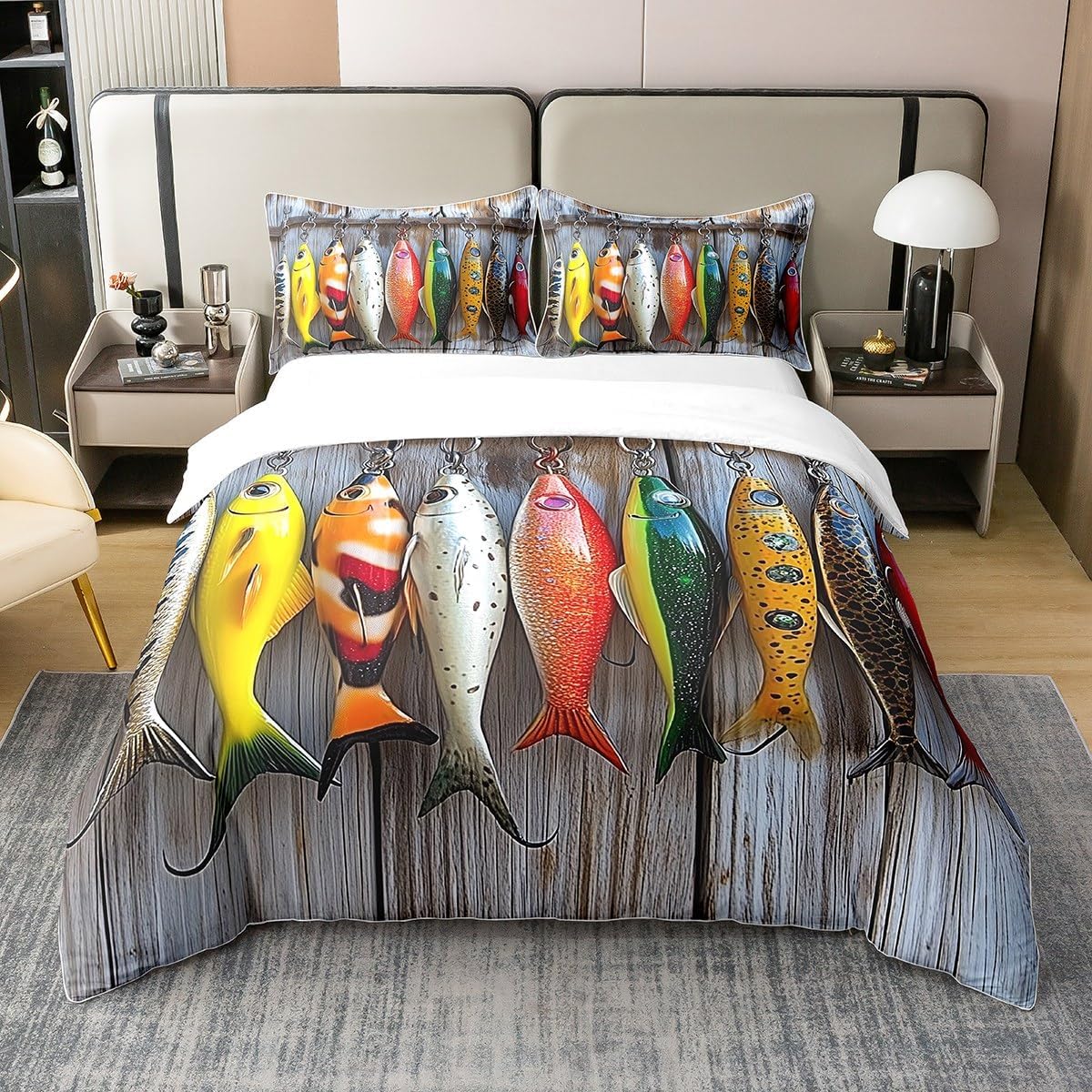 Lure Fishing 100% Organic Cotton Bedding Set Twin Size Fish Outdoor Sports Duvet Cover Rustic Wooden Board Comforter Cover Fisherman Gift Bedspread Cover with 1 Pillowcase(No Comforter)