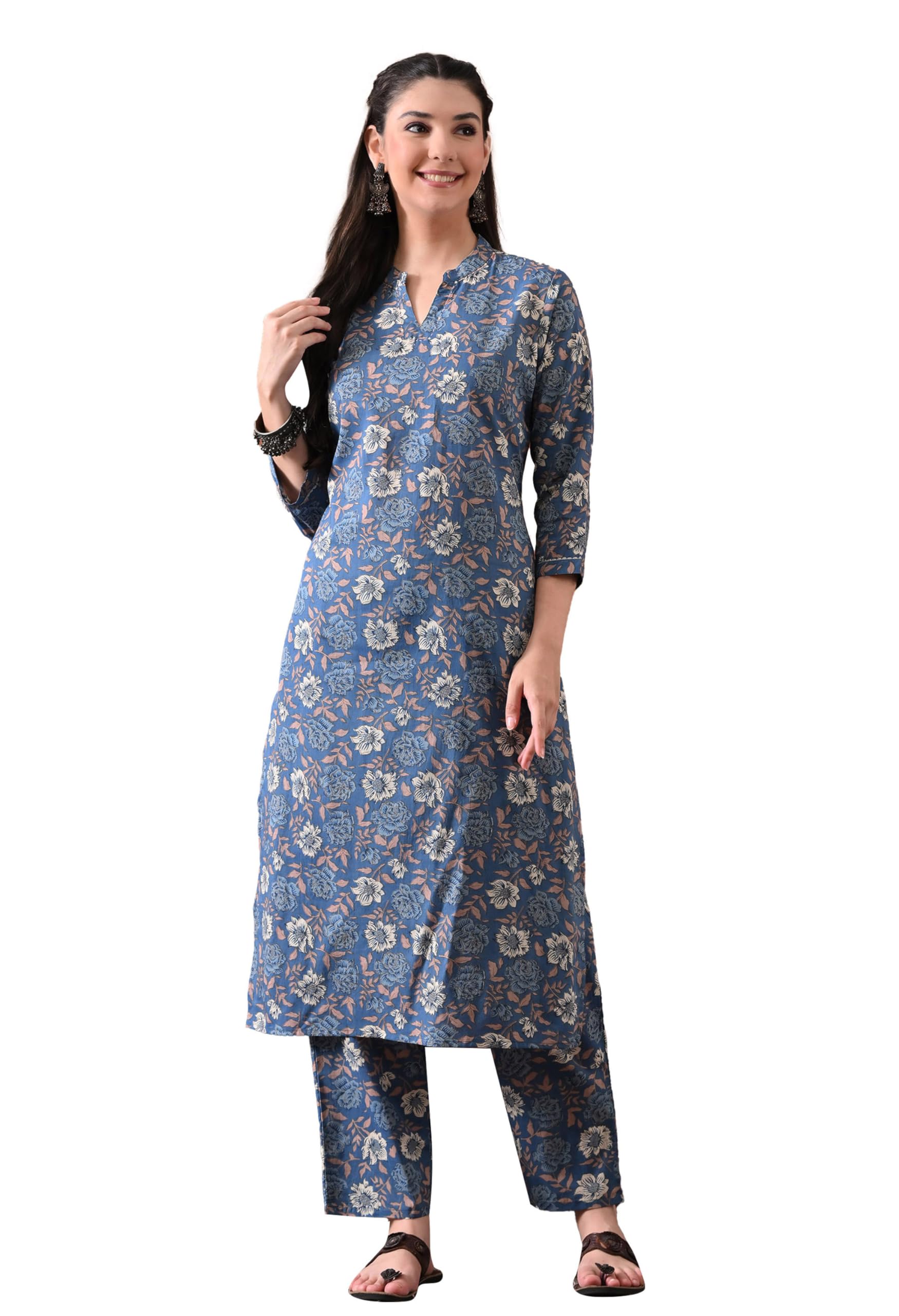 ichaa Women Ethnic Kurta and Pant Set |Floral Cotton Kurta for Casual & Office Wear | V-Neck 3/4 Sleeve Ethnic Wear-picture-46