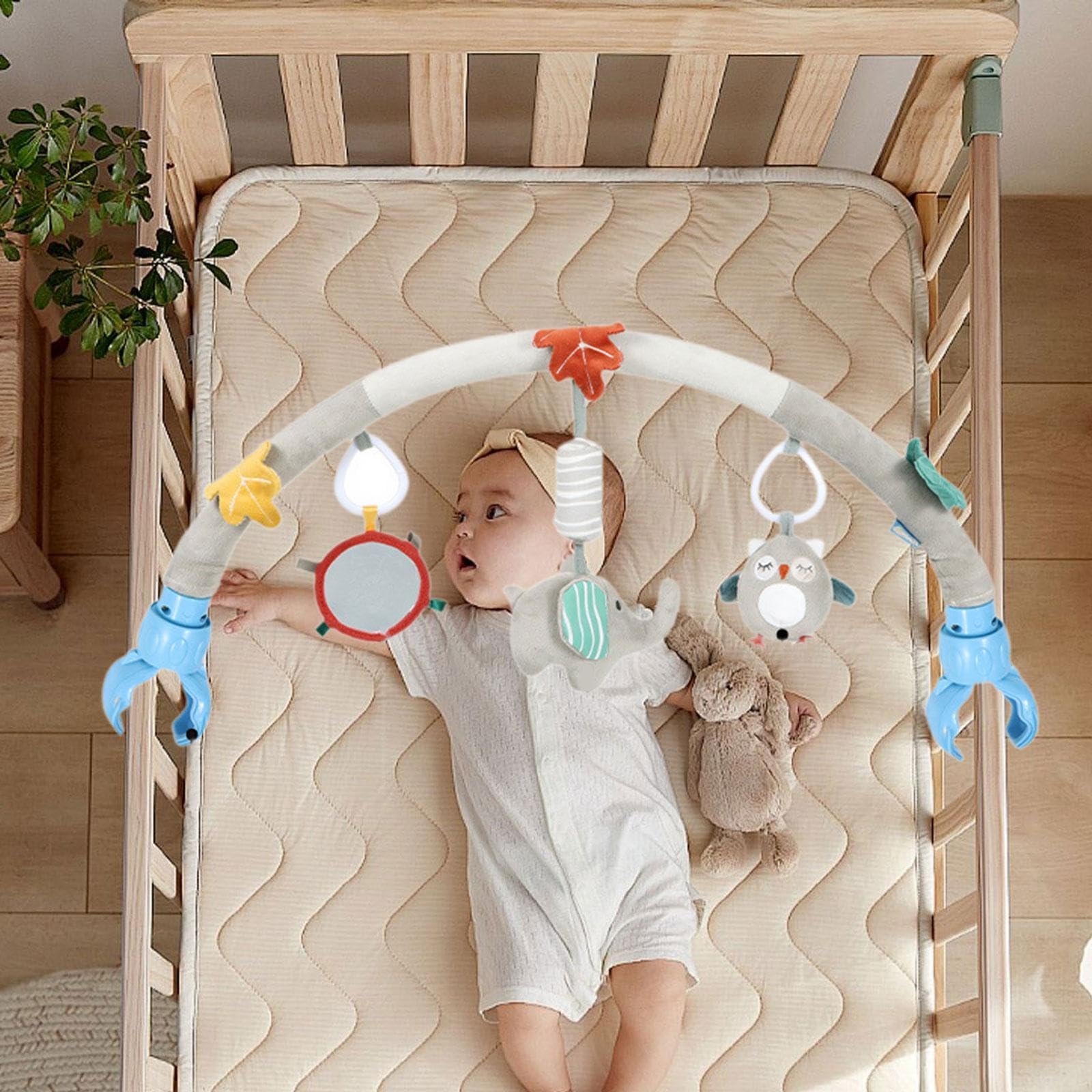 Arche de Jeu pour Poussettes, Accessoire pour Lit Bébé, Arche Suspendue Douce et Sensorielle avec Hochet pour Nouveau-nés, Ornée de Motifs de Dessins, éléphant