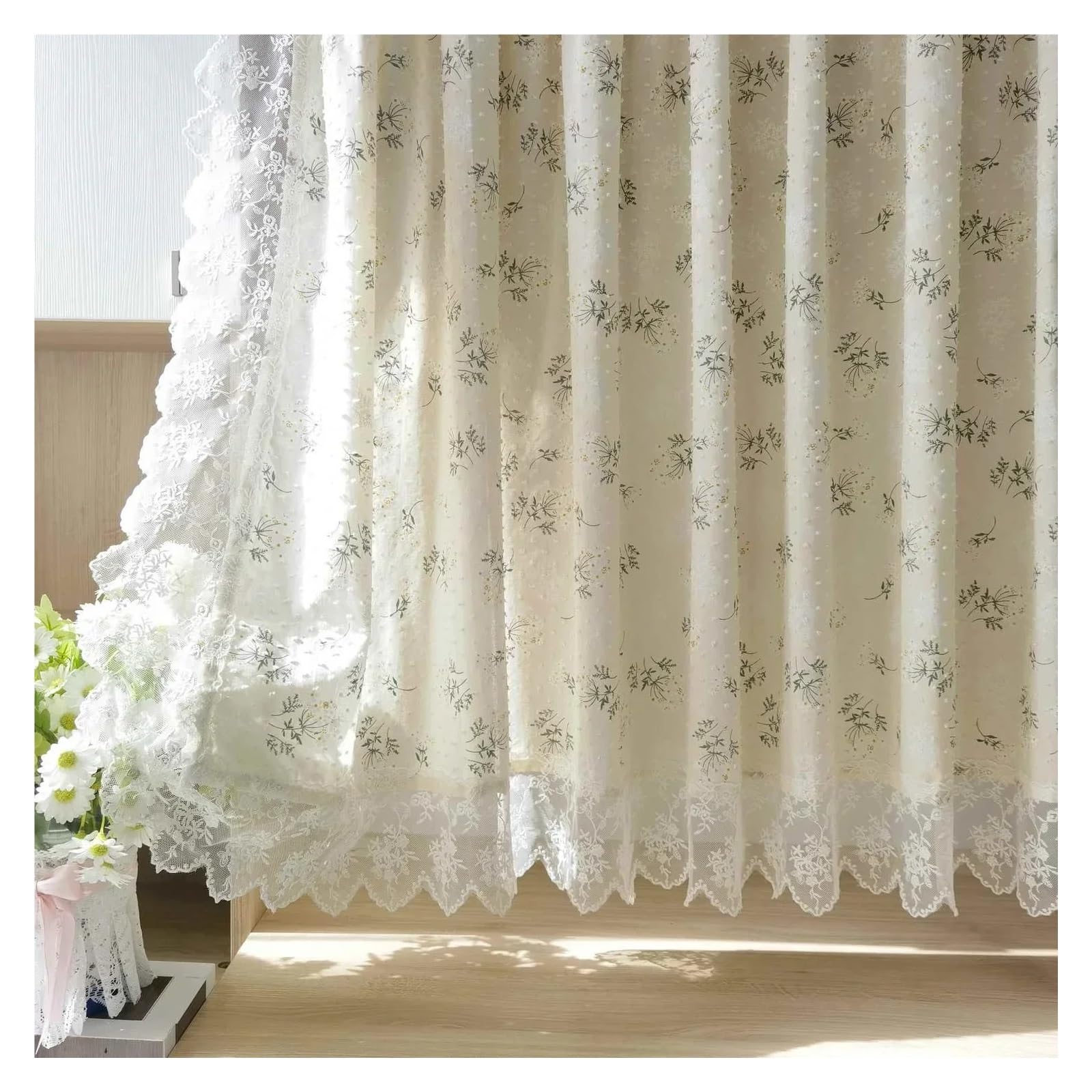DFGRGRV Ruffle Curtains Leaf Printed Curtain Short Valance for Kitchen Cafe Partition Pastoral Lace Window Half Door Restaurant(W165CM X H120CM(1PC))