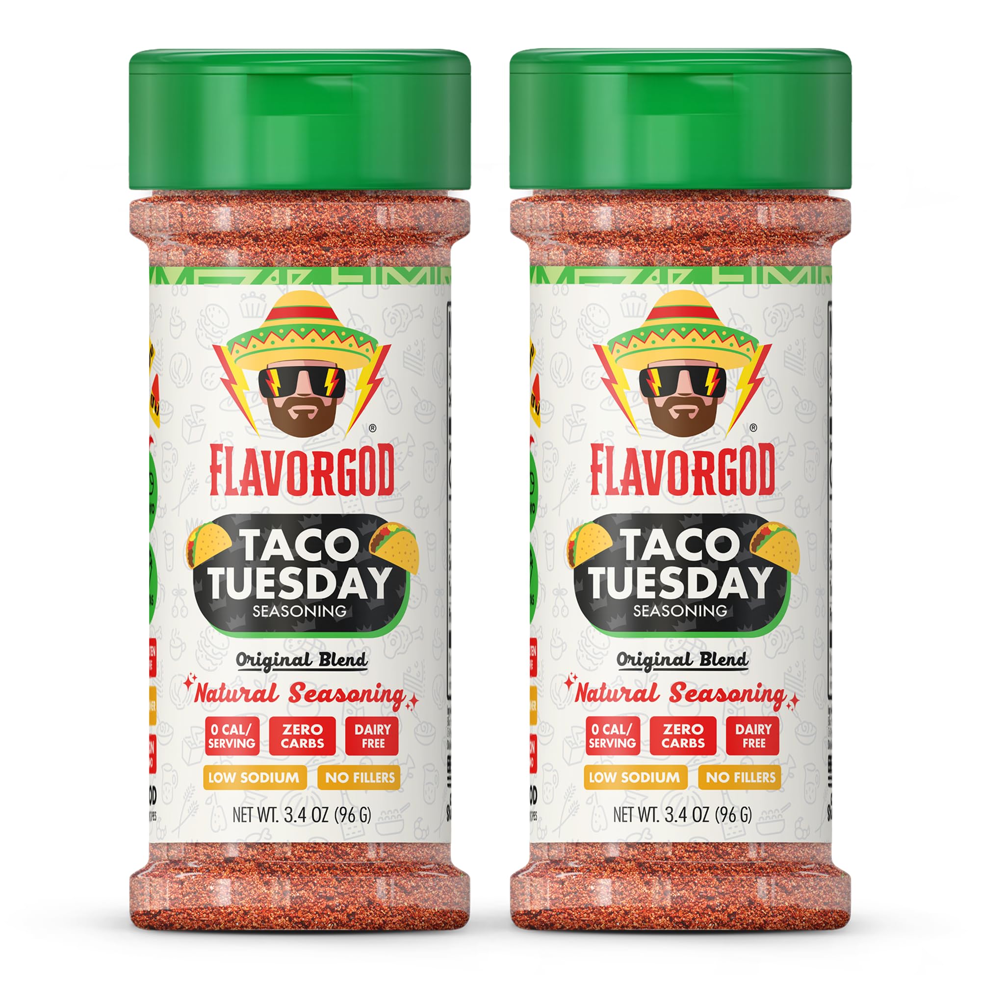 Flavor God 2 Bottles Taco Tuesday Seasoning Mix Natural Healthy Spice Blend For Grilling Chicken, Beef, Seafood, Vegetables, Salad, Tacos, Pizza, Kosher, Gluten & Dairy Free, Vegan Keto Friendly