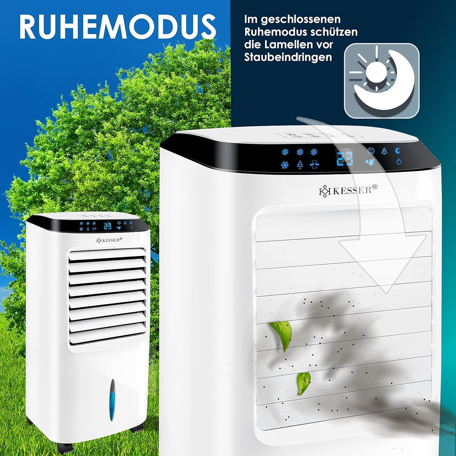 KESSER® Mobile Klimaanlage 4in1 Luftkühler – Air Cooler mit Fernbedienung & Timer, 10L Wassertank, Ionisator & Luftbefeuchter, Ventilator Klimagerät ohne Abluftschlauch, 3 Stufen inkl. Kühlakkus