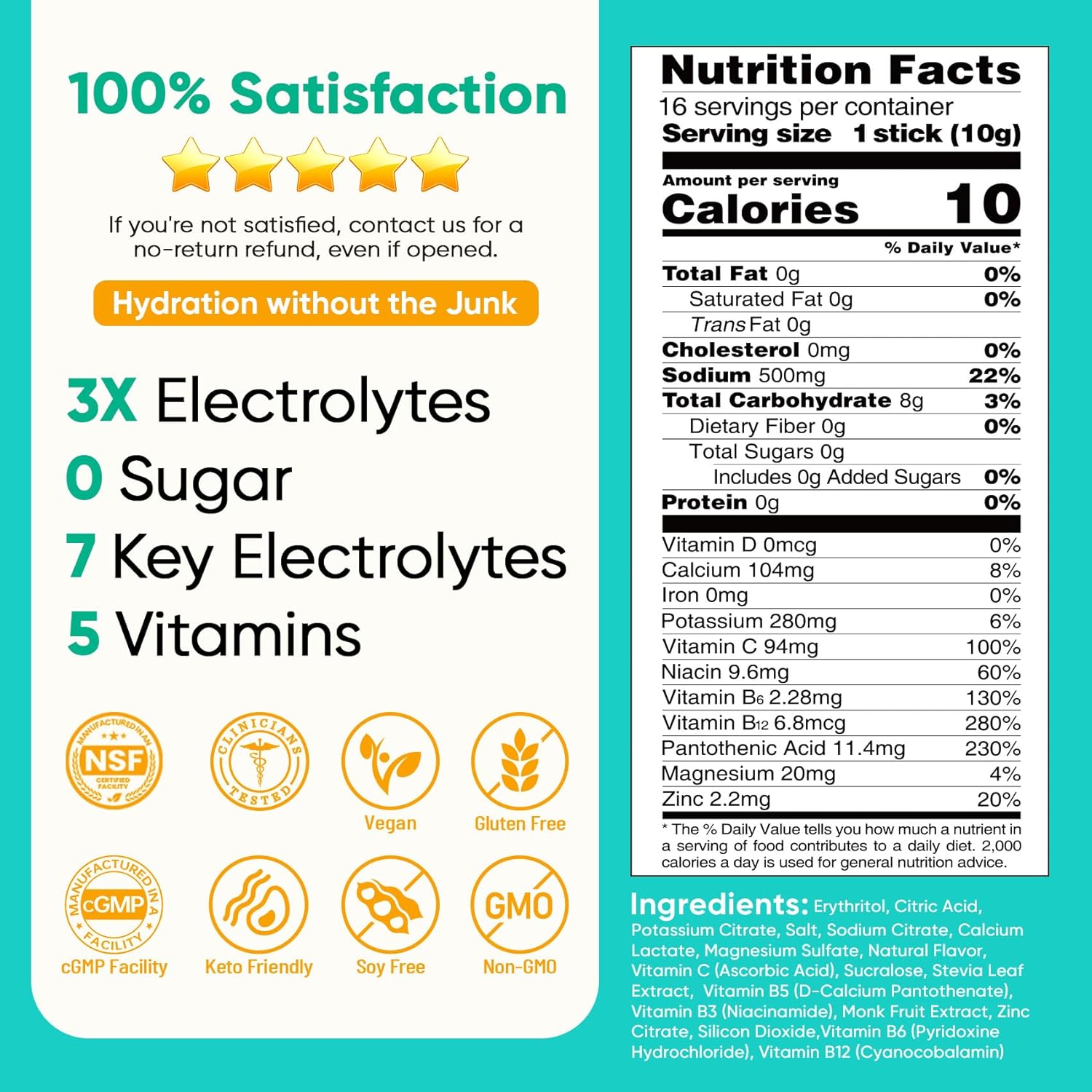 Venture Pal Sugar Free Electrolytes Powder Packets - Liquid Daily IV Hydration Packets | Instantly Hydrating & Party Recovery | 5 Vitamins & 7 Electrolytes | Certified Vegan, Keto, Non-GMO | 16 Sticks - Image 8