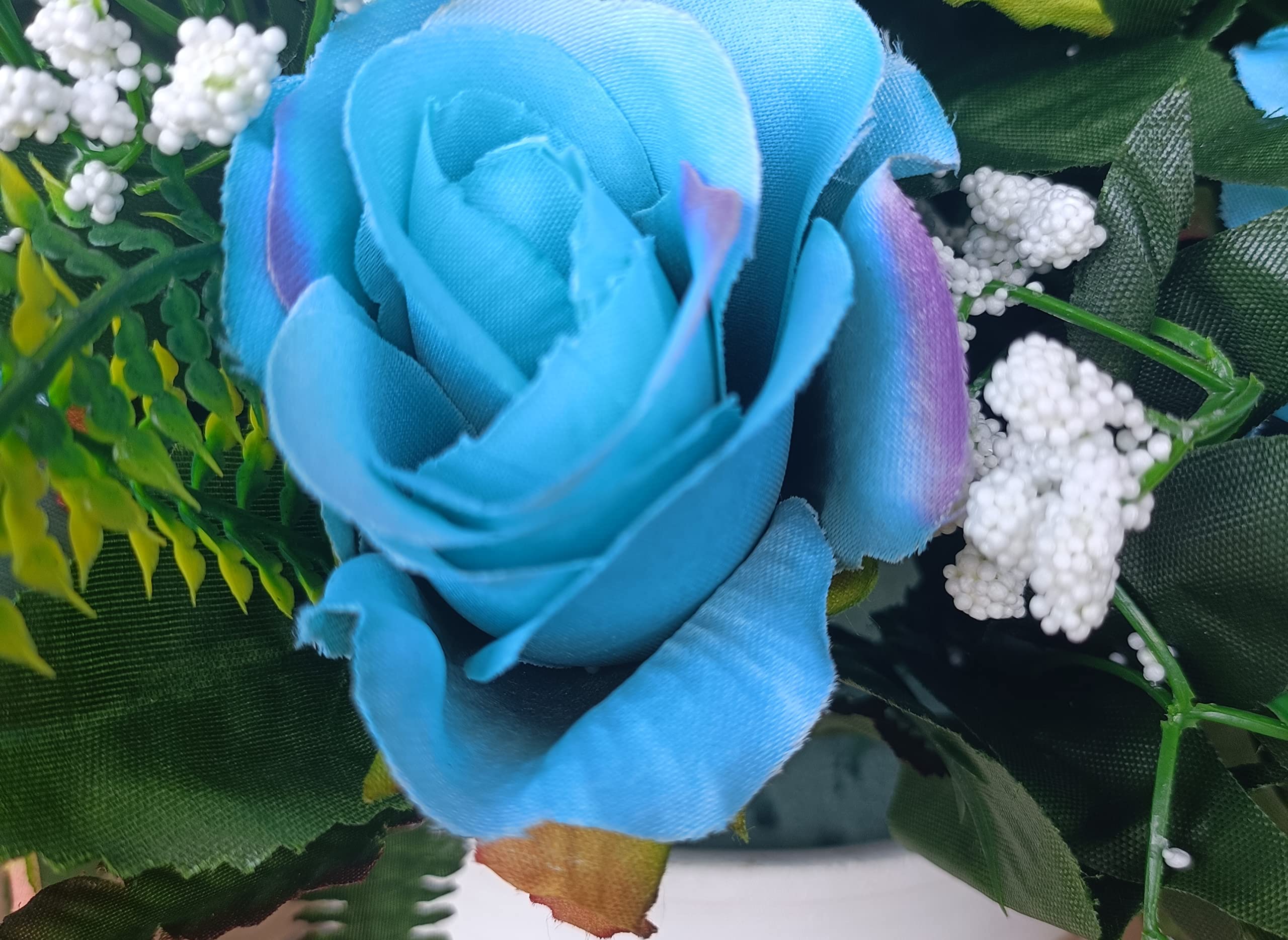 DRW Centro de Flores Artificiales Cementerio, Santos, Aniversarios Redondo Rosas Azules y Blancas 40 cm diámetro x 33 cm Alto