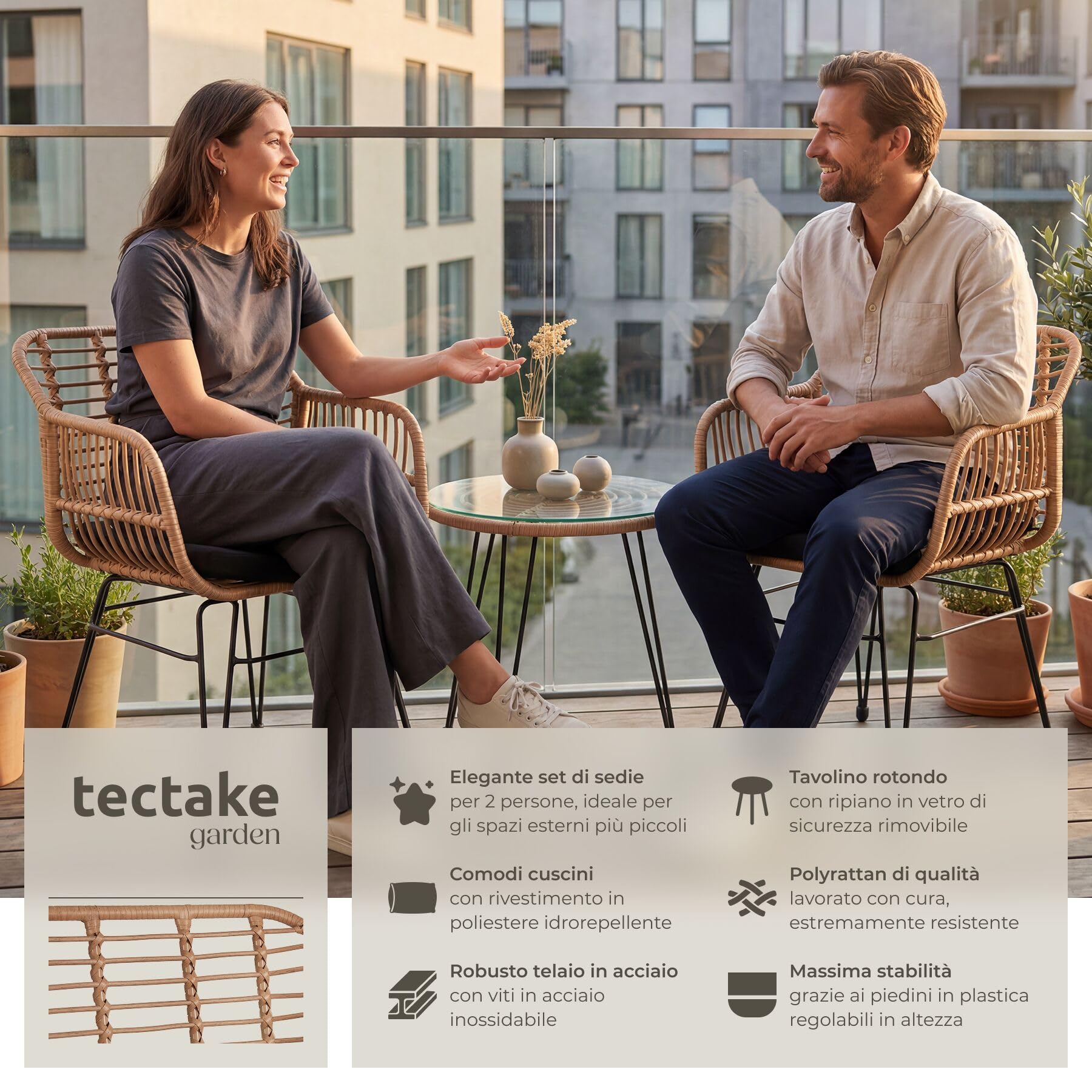 tectake Salottino in Rattan Set da Balcone 3 Pezzi 2 Sedie 120 kg Tavolo Vetro Sicuro Resistente Intemperie Terrazza Giardino Piedini Regolabili