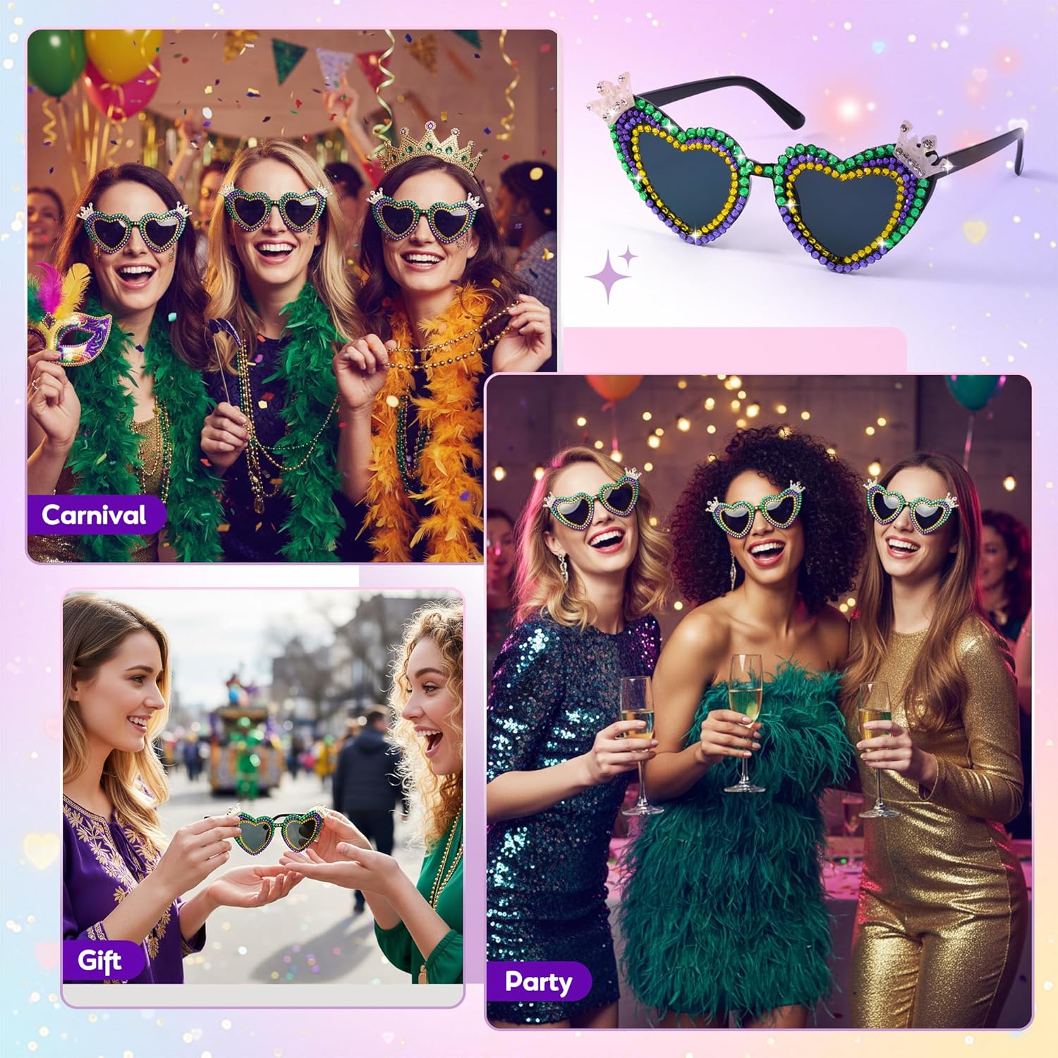 PANTIDE Mardi Gras Carnival Queen Sunglasses - Rhinestone Heart Shaped Sunglasses, Party Favors Glasses Accessories Gift - Image 5