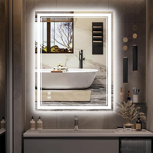 Miniatura 18 de Espejo LED de 48 x 28 pulgadas para baño, espejo de baño antivaho con luces regulables, 3 colores, luces delanteras y retroiluminadas, espejo de