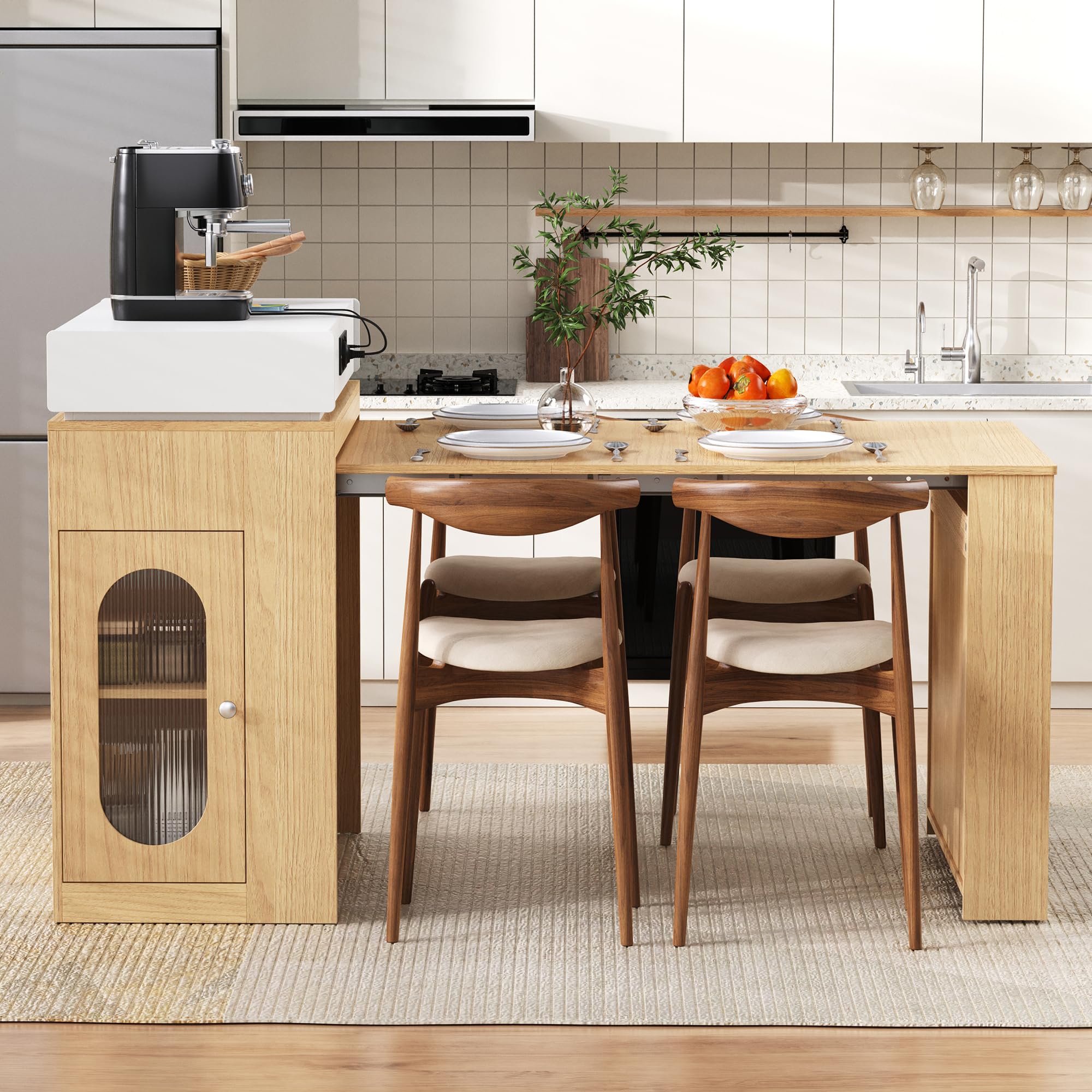 Îlot Central Cuisine avec Rangement, Table Extensible et Prises, Meuble Îlot de Cuisine avec Portes en Verre et Plan de Travail