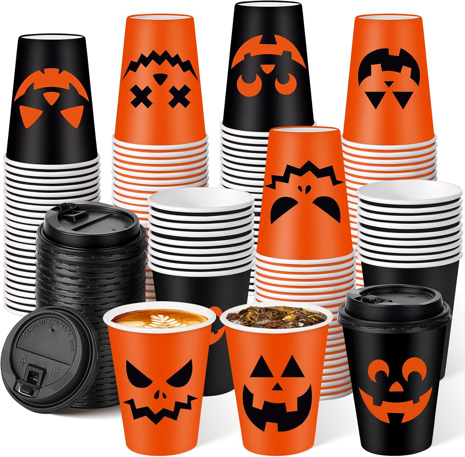 200 Set Halloween Disposable Coffee Cups with Lids 12oz, Bulk Black Orange Pumpkin Disposable Party Paper Cups for Hot Chocolate Cold Drinks Halloween Birthday Party Supplies Decorations