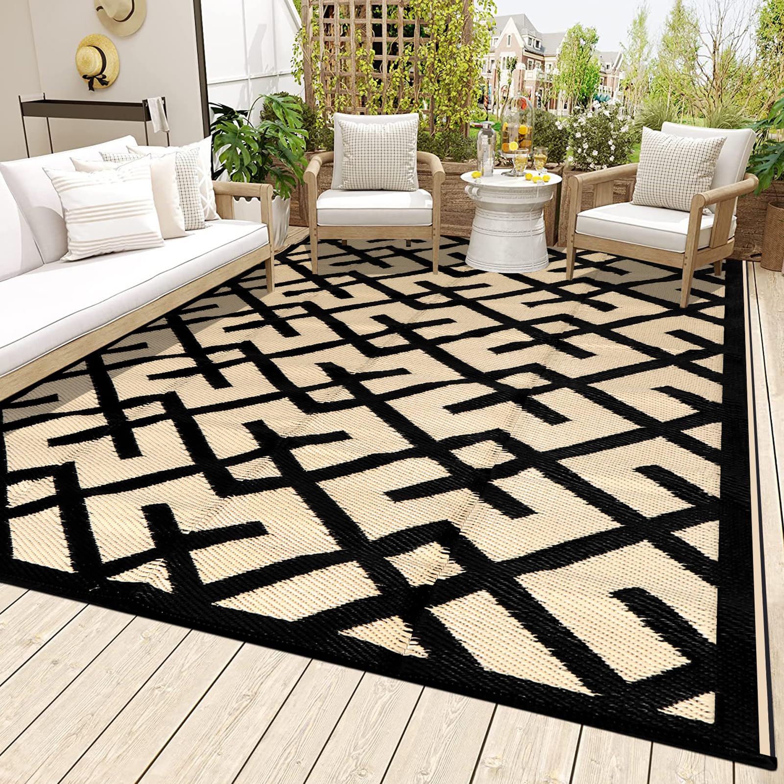 5' x 8' Outdoor Rug for Patio, Reversible Plastic Waterproof Rugs, Clearance Mat, Rv, Camping, Deck, Porch, Camper, Balcony,Beige, 006#