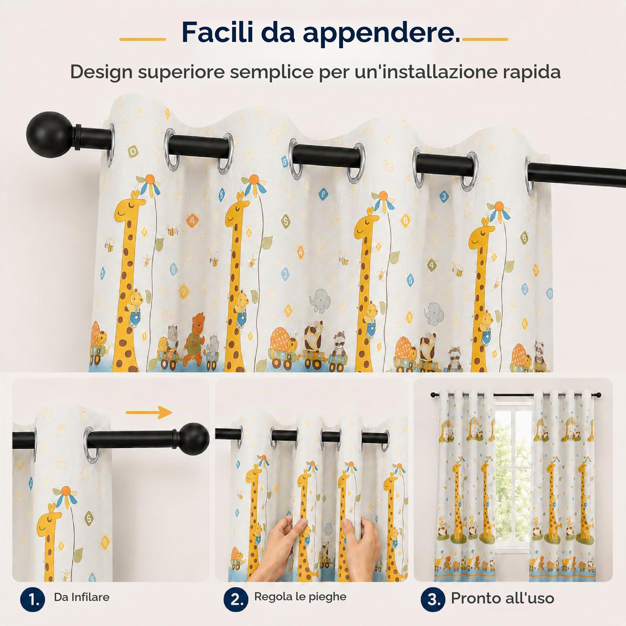 VKZ Set 2 Tende per Cameretta Bambini con Occhielli, Pannelli Tenda Filtranti per Camera da Letto Bambini e Finestra, Fantasia Giraffa Animali Trenino