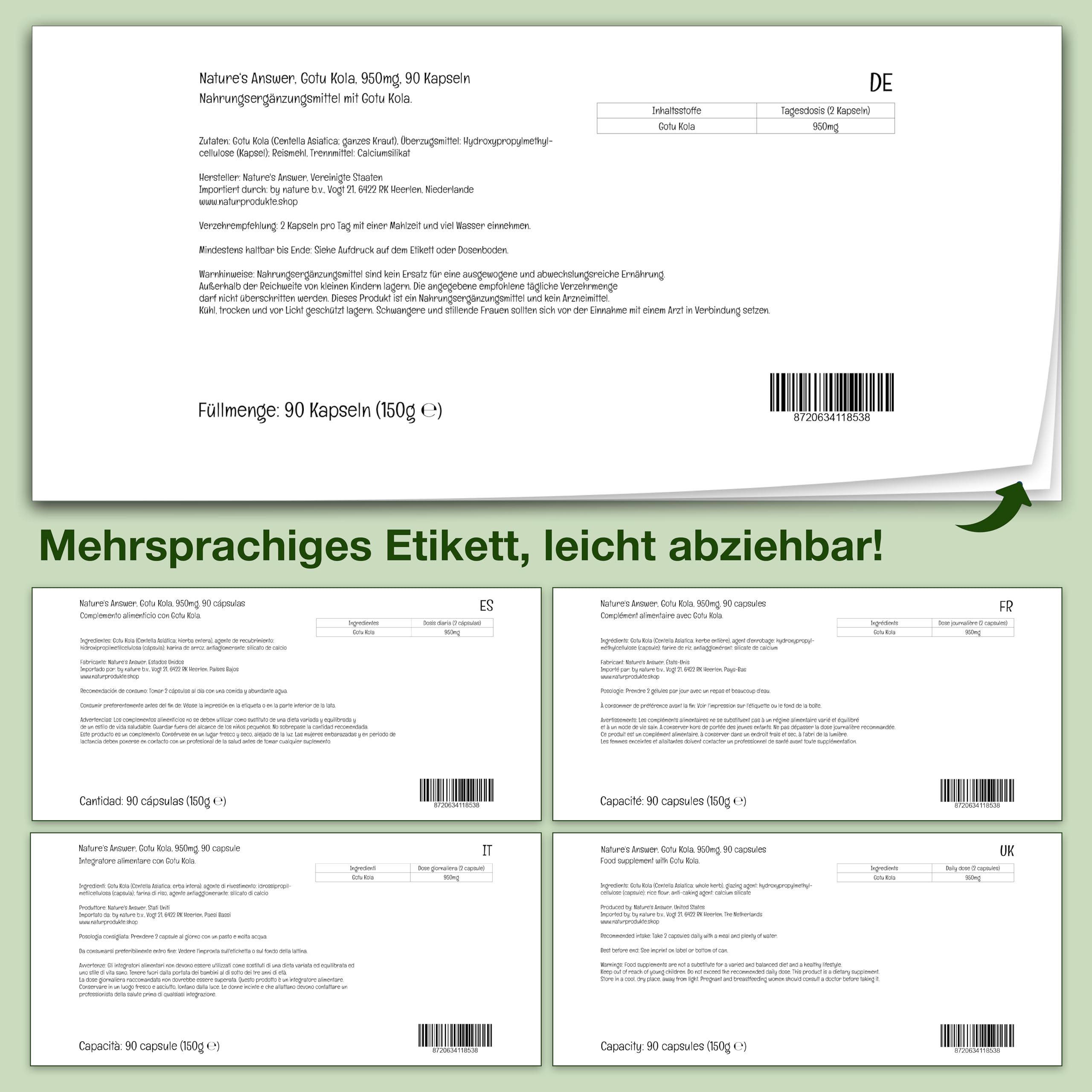 Nature's Answer, Gotu Kola, 90 vegane Kapseln, 950mg Gotu Kola je Dosis, Glutenfrei, Sojafrei, GMO frei, Geschmacksneutral