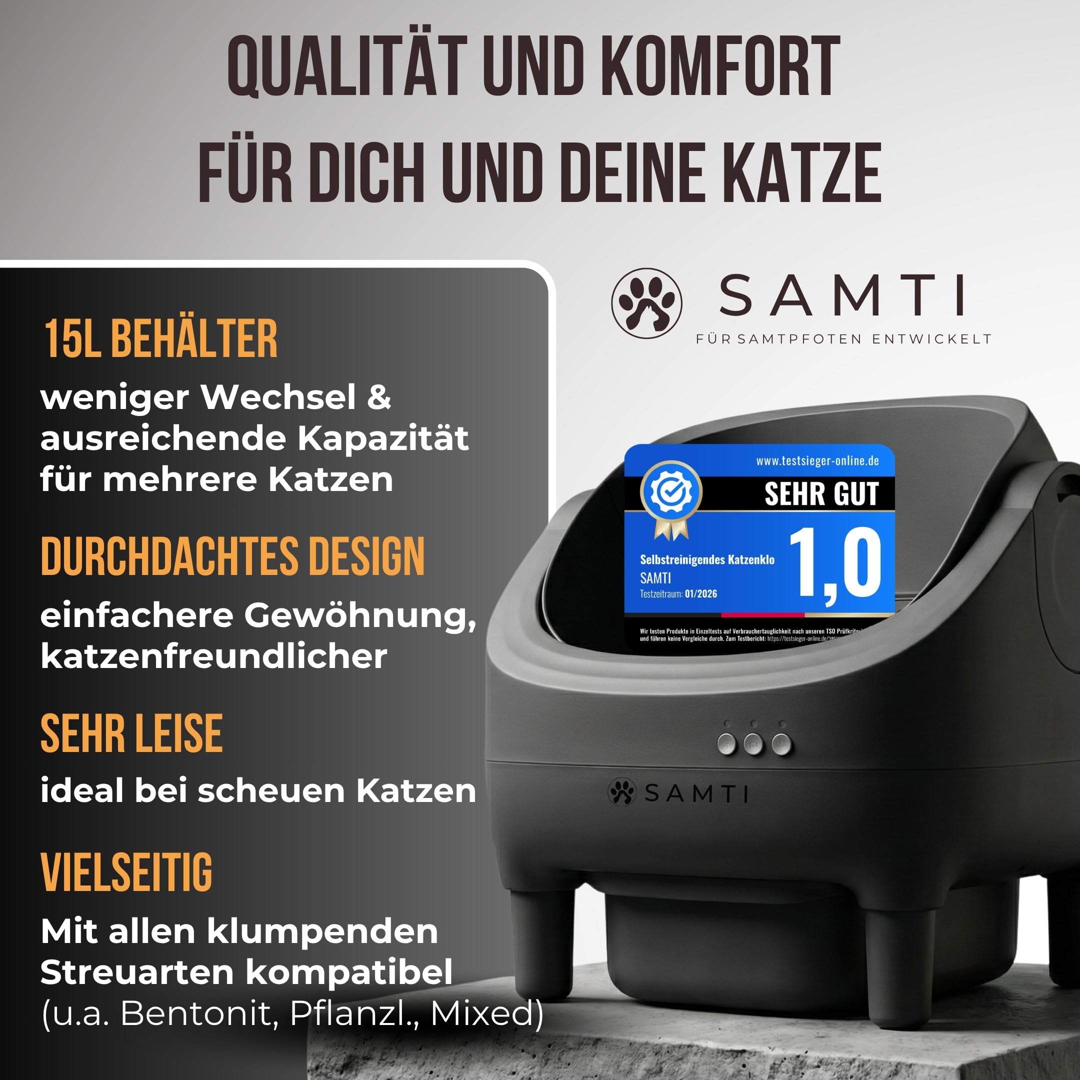 Katzenklo Selbstreinigend,15L XXL Behälter, Selbstreinigende Katzentoilette | SAMTI Klobot, für Mehrkatzen-Haushalte, Elektrisches Katzenklo groß & offen, automatisches Katzenklo XXL mit App Steuerung