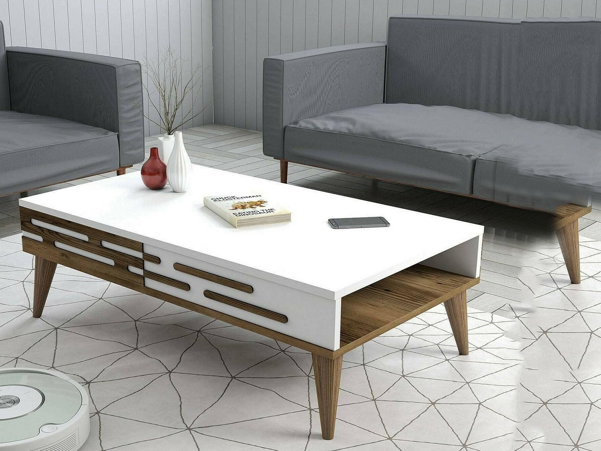 Dmora - Tavolino da Salotto Saiph, Tavolo Basso da caffè, Portariviste per Divano, Ripiano da Soggiorno, 105x35h60 cm, Noce e Bianco