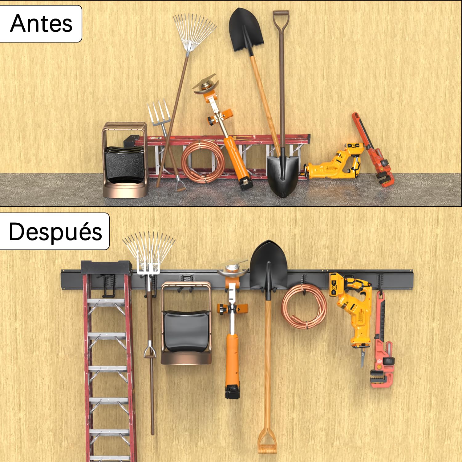 3-H 120cm Soporte Herramientas Pared,Ganchos Garaje Acero Aleado Organizador Herramientas Pared con 14 Ganchos,3 Rieles Deslizables,4 Correas para Esquí Silla Manguera Garaje Jardín