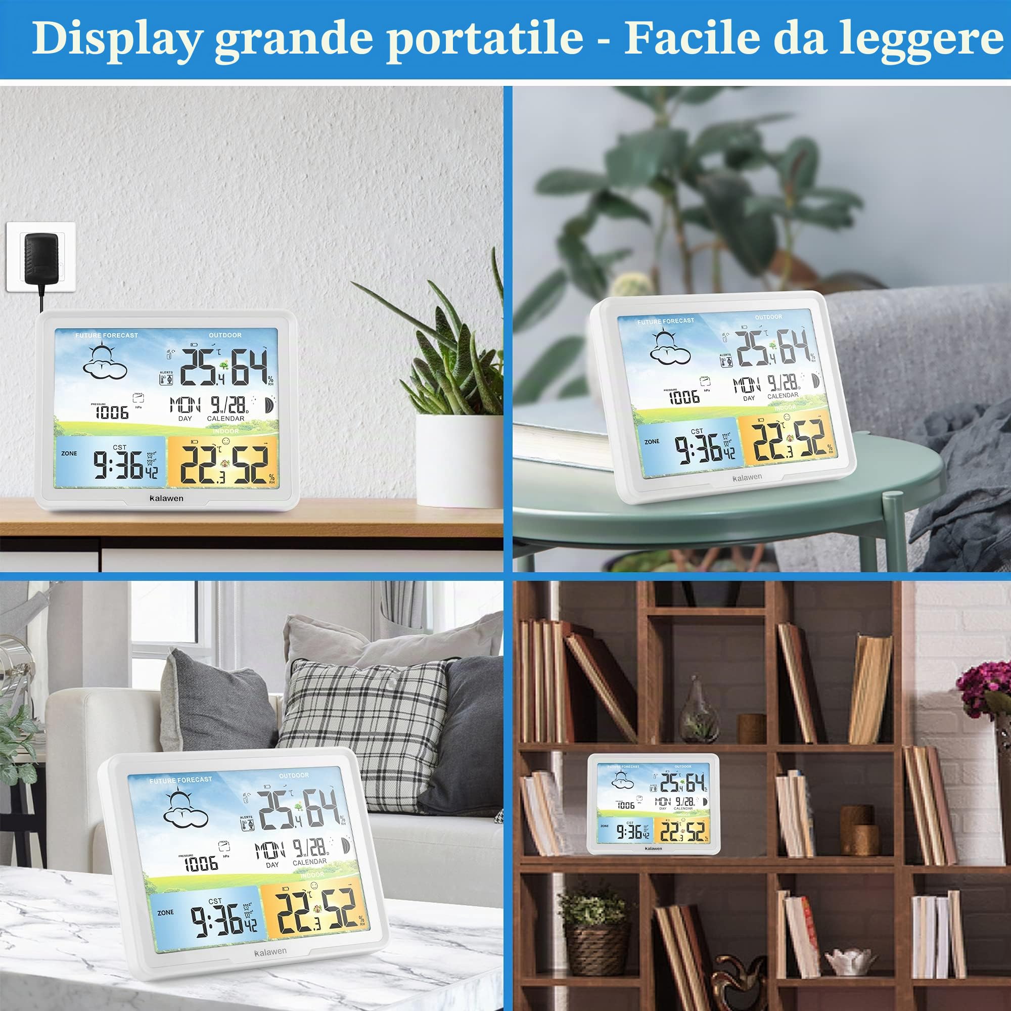 Stazione meteo radio Kalawen con sensore esterno, display digitale a colori, orologio radio DCF per uso interno ed esterno, termometro, igrometro, previsioni meteo, barometro e fasi lunari (bianco)