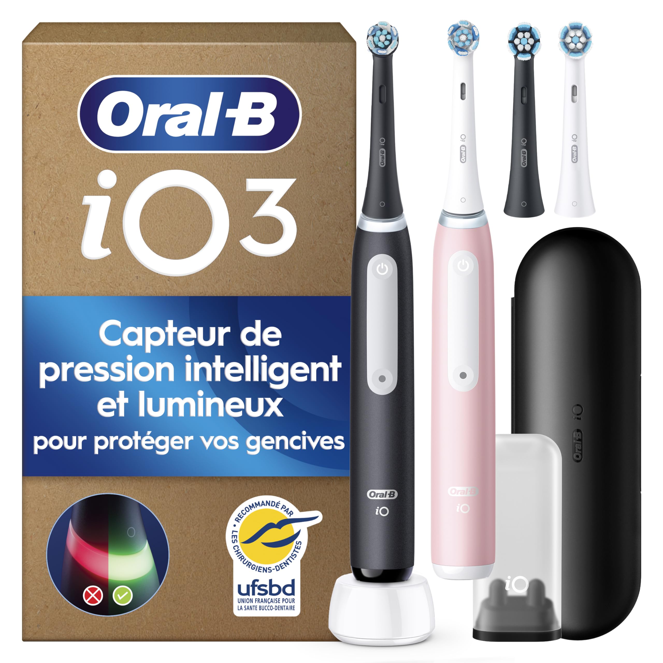Oral-B Brosses à Dents Electriques iO 3 Duo, 4 Brossettes, Rose et Noire | 3 Modes de Brossage dont Douceur et Blancheur, Capteur de Pression sur les Gencives, Batterie Rechargeable, Etui