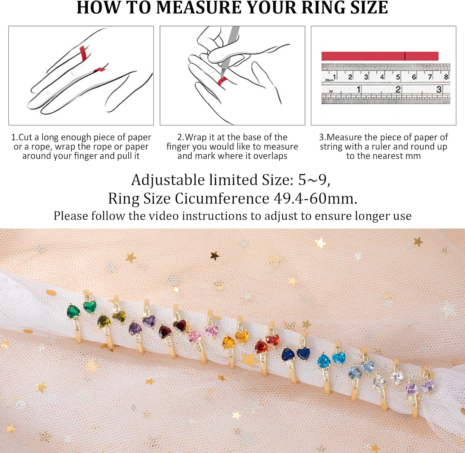 1CT Adjustable Women Heart Ring 14K Gold Plated Birthstone Rings for Women Promise Ring for her Simulated Gemstone Statement Stackable Band Width 2mm Open Size 5~9 - Image 2