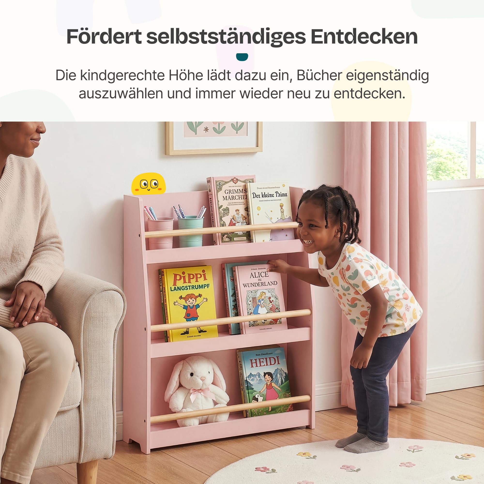 [en.casa] Kinder Bücherregal Virer Kinderregal mit 3 offenen Fächern Aufbewahrung Montessori Standregal 78 x 60 x 18 cm Kinderzimmeregal 3 Ebenen Rosa